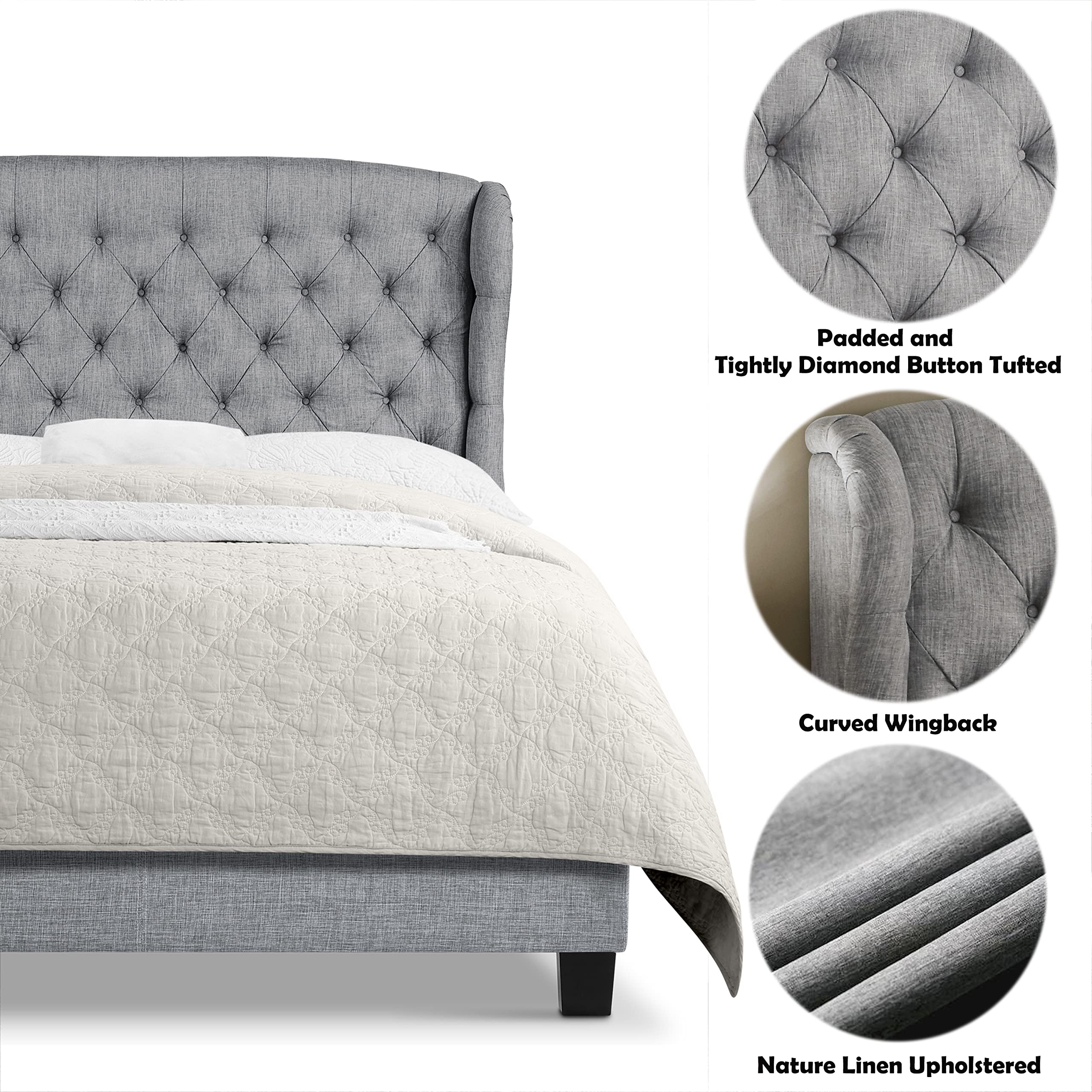 Rosevera Issac King Size Bed Frame with Adjustable Headboard & Button Tufted Design in Textile Gray - Perfect for Master Bedrooms & Guest Rooms