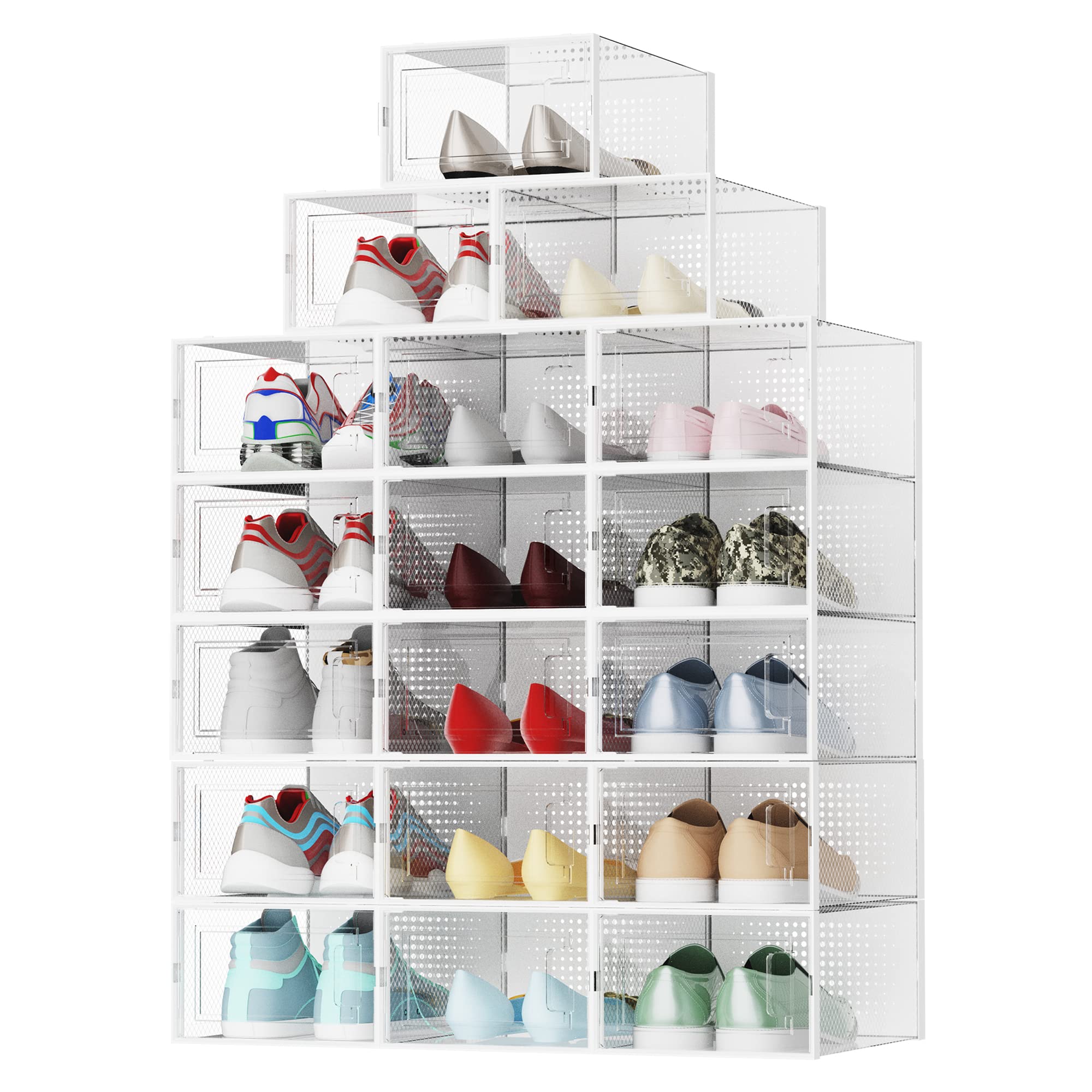 DHMAKER 18 Pack Clear Plastic Stackable Shoe Boxes - Foldable Shoe Organizer for Closet Storage, Space Saving Sneaker Containers & Bins - Perfect for Shoe Collection, Closet Organization & Small Space Living