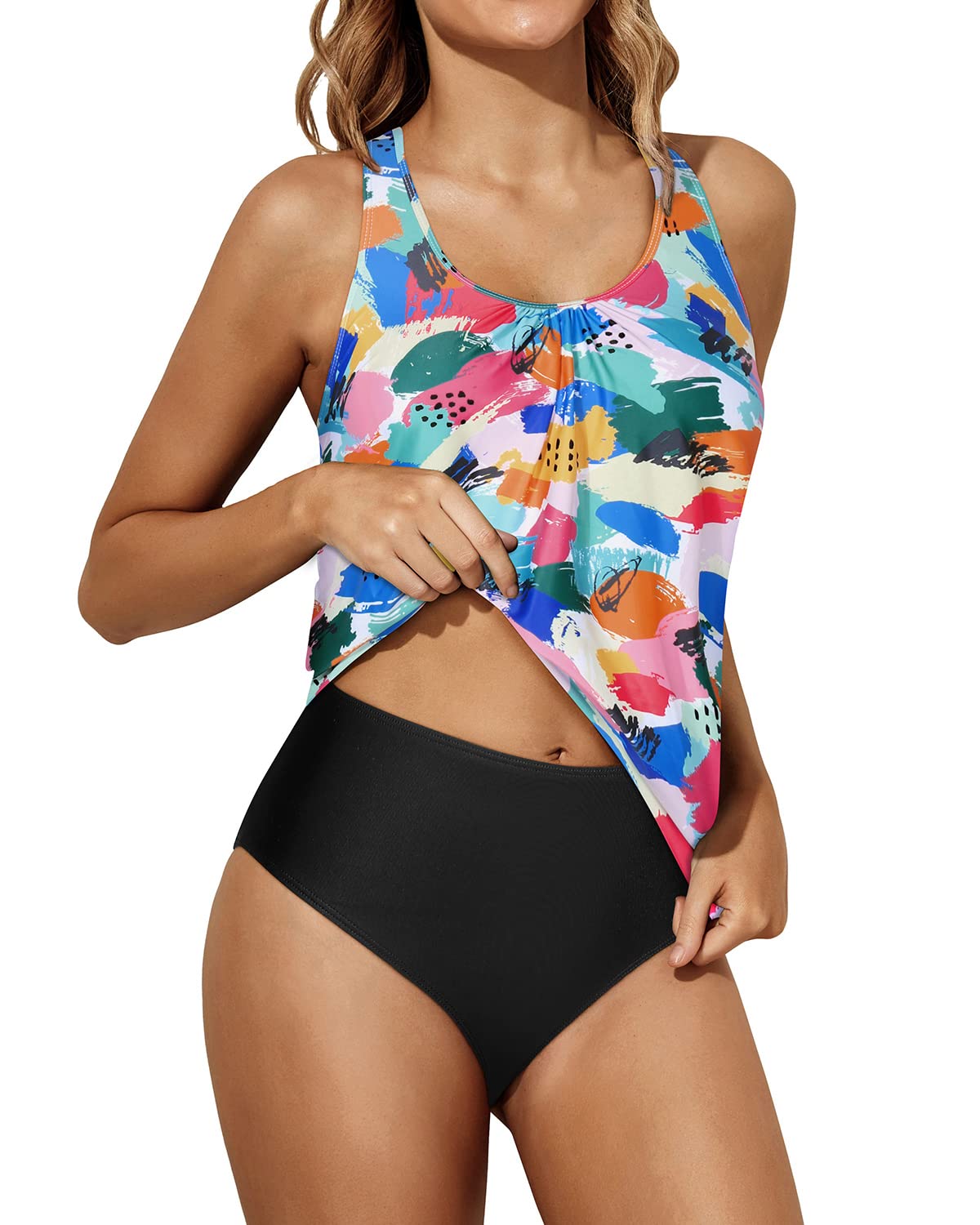 Yonique Women's Two Piece Tankini Swimsuit - Racerback Tank Top with Tummy Control Bottoms | Bathing Suit for Swimming, Beach & Pool | Summer Swimwear for Women