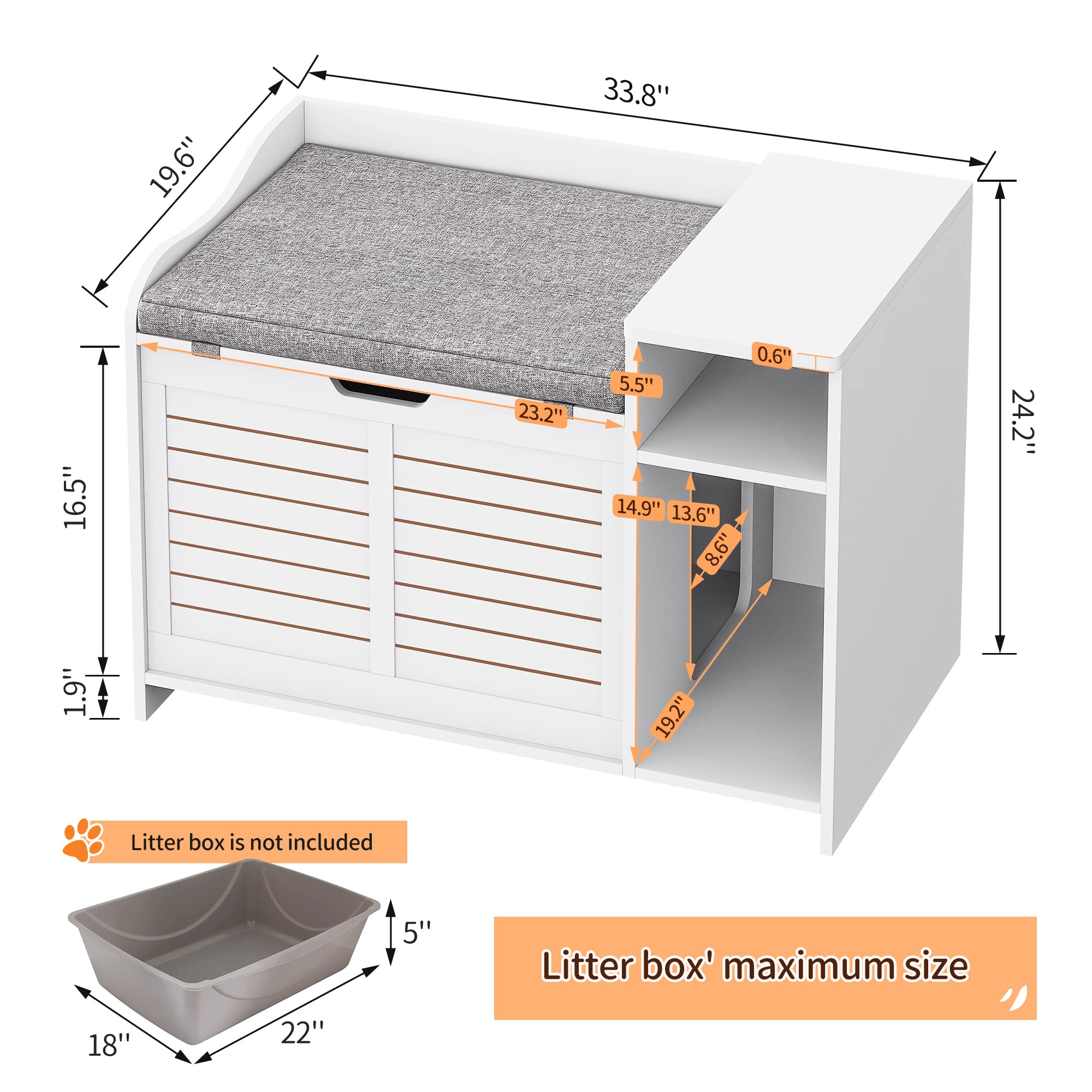 IDEALHOUSE Cat Litter Box Enclosure Furniture - White Hidden Litter Box Cabinet with Top Opening & Cushion - Stylish Cat House for Privacy & Odor Control - Perfect for Living Rooms, Bedrooms & Small Spaces