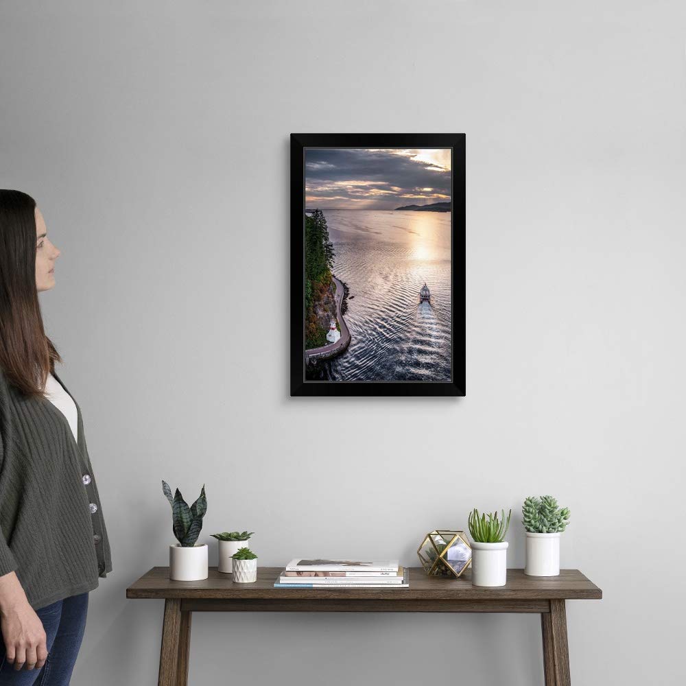 Boat in Burrard Inlet Cloudy Day Landscape Art Print - Black Framed Wall Decor for Living Room, Office & Bedroom