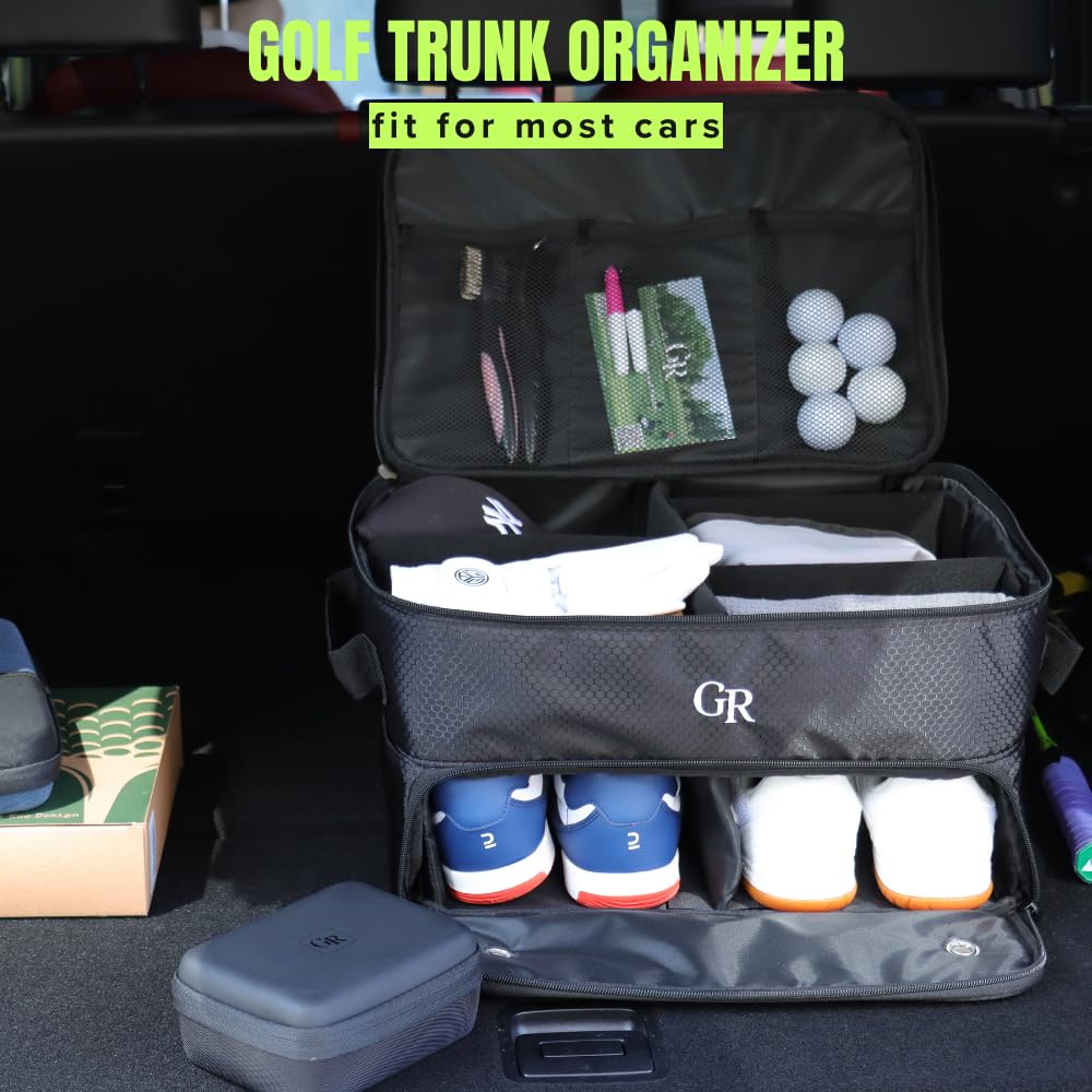2 Layer Golf Trunk Organizer & Travel Shoe Bag with Gloves Holder - Premium Golf Bag Accessories for Storage & Organization (Black) | Perfect for Golf Trips, Car Storage & Equipment Protection