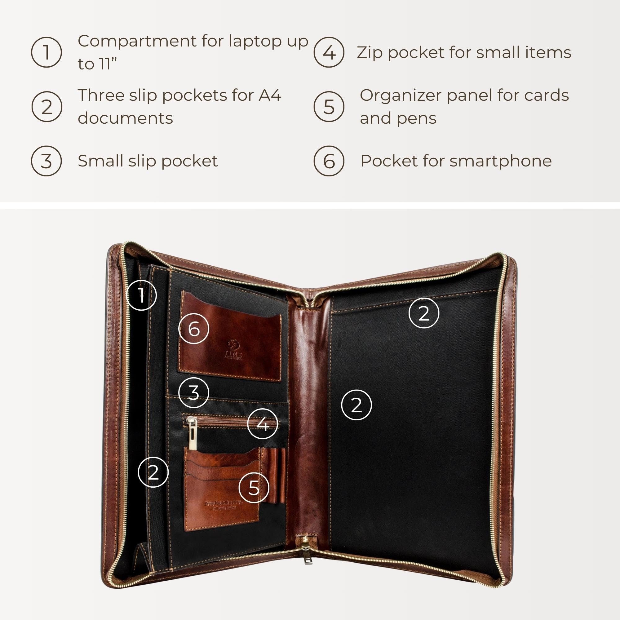 Premium Italian Handcrafted Leather Portfolio Organizer - A4 Document Folder with Time-Resistant Brown Leather - Perfect for Business Meetings, Office Use & Executive Gifts (Includes Gift Box)