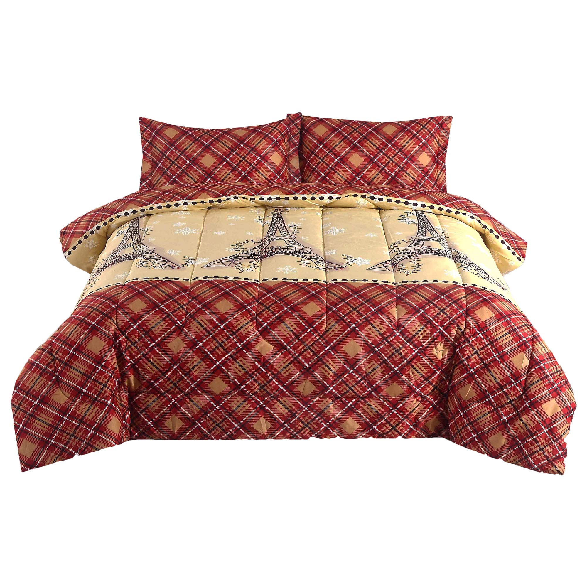 Paris Lights Eiffel Tower Plaid French Country Twin Comforter Bedding Set - Red & Tan Checkered Design for Cozy Bedroom Decor | Perfect for Paris-Themed Rooms, Dorm Essentials & Gift Ideas
