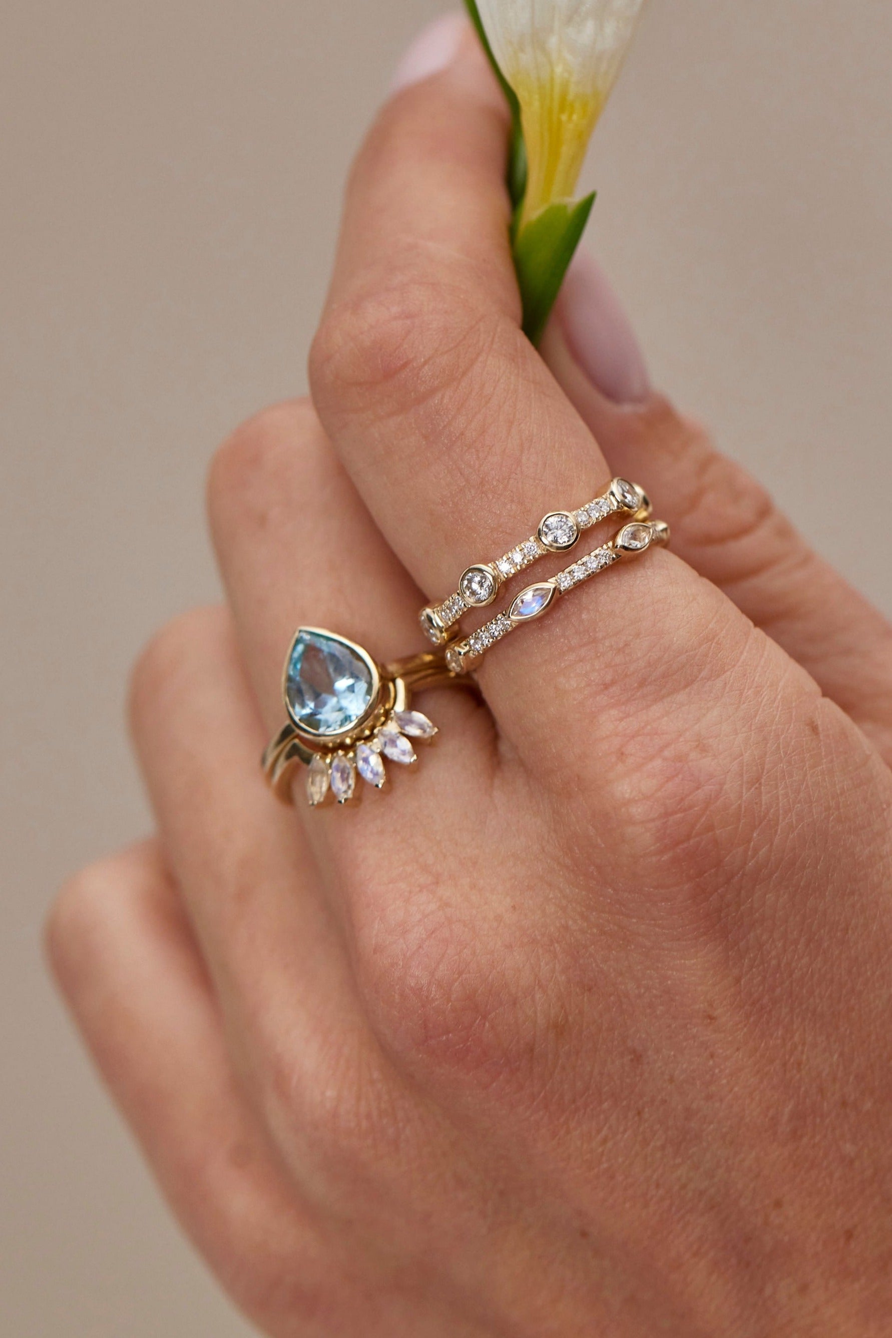 9K Yellow Gold Double Stack Aquamarine Halo Ring - Elegant Stackable Jewelry for Women, Perfect for Weddings, Anniversaries & Special Occasions