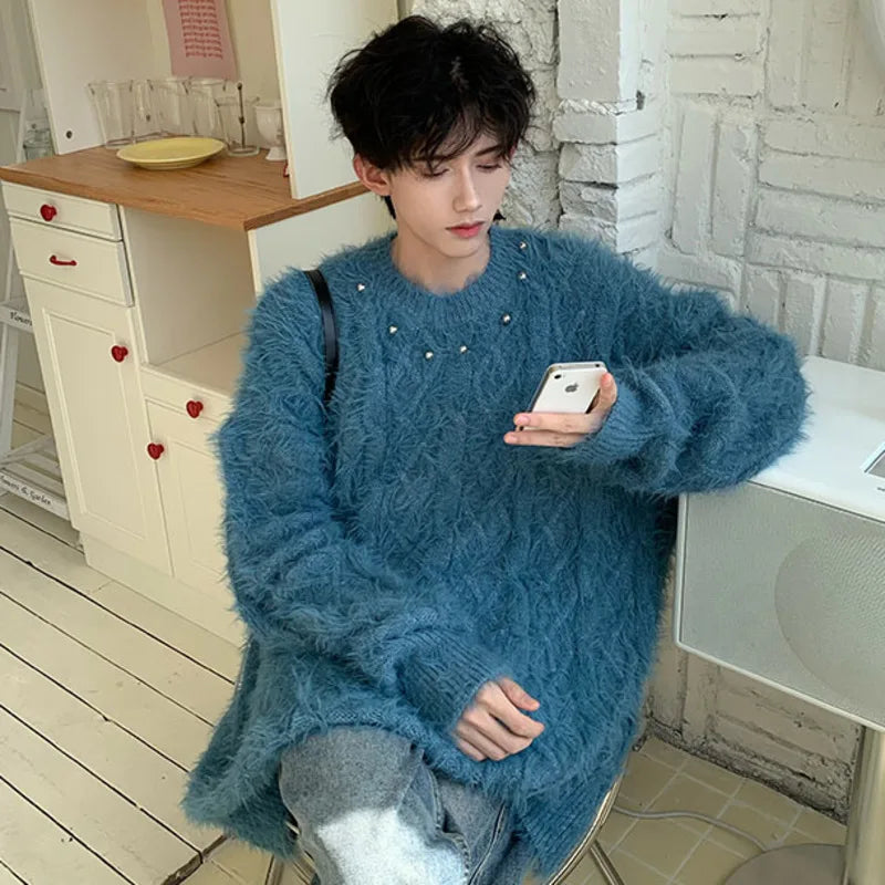 Stylish Korean Round Neck Solid Color Plush Men's Pullover Sweater - Trendy Spring 2025 Fashion (9C4134) | Perfect for Casual Outings, Office Wear & Date Nights