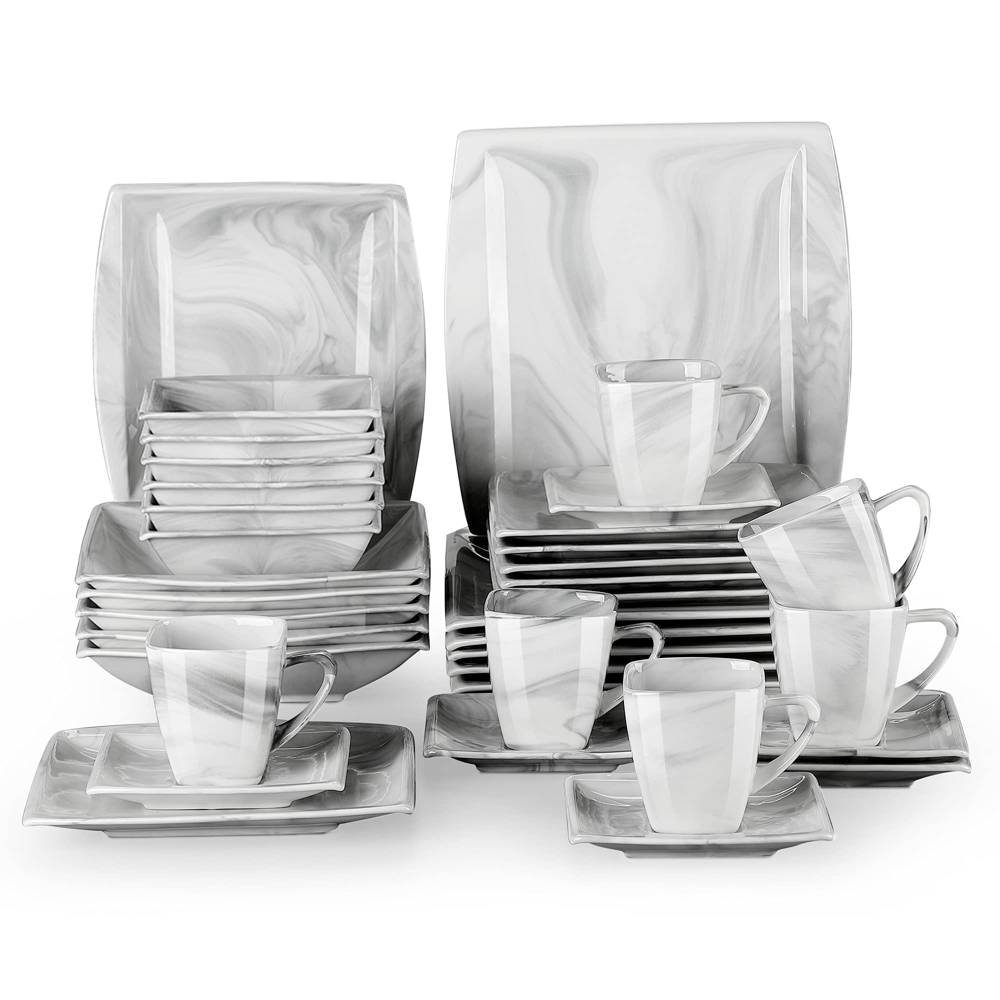 MALACASA 36-Piece Square Dinnerware Set - Marble Gray Porcelain Plates, Bowls, Cups & Saucers - Service for 6 - Elegant Tableware for Dining, Entertaining & Everyday Use (Series Blance)