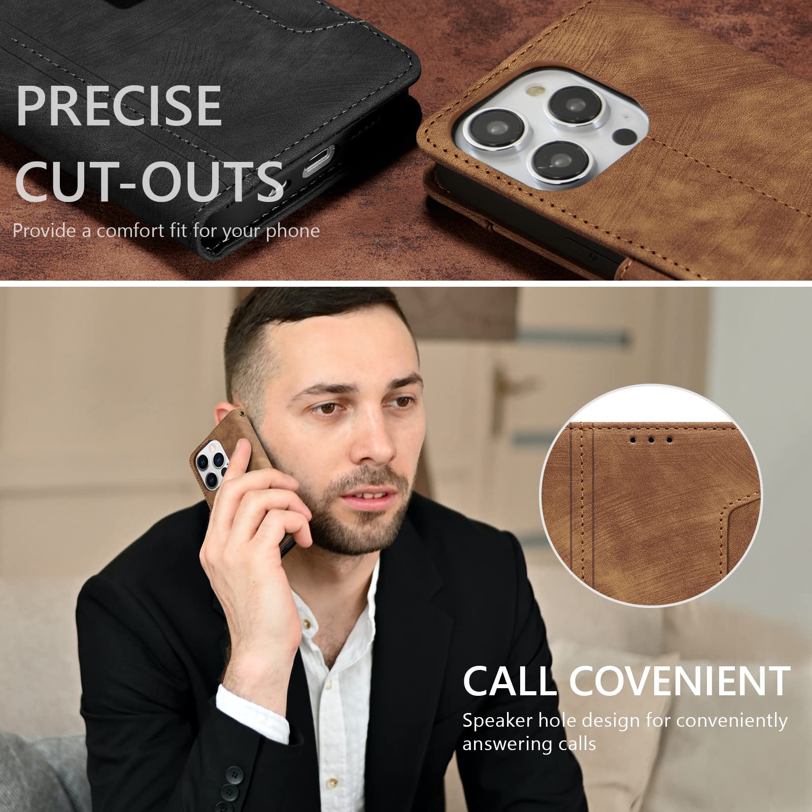 Premium PU Leather Wallet Case for iPhone 14 Pro Max - Shockproof Flip Cover with Card Holder Slots, Magnetic Clasp & Kickstand | Perfect for Business, Travel & Everyday Use (Brown)