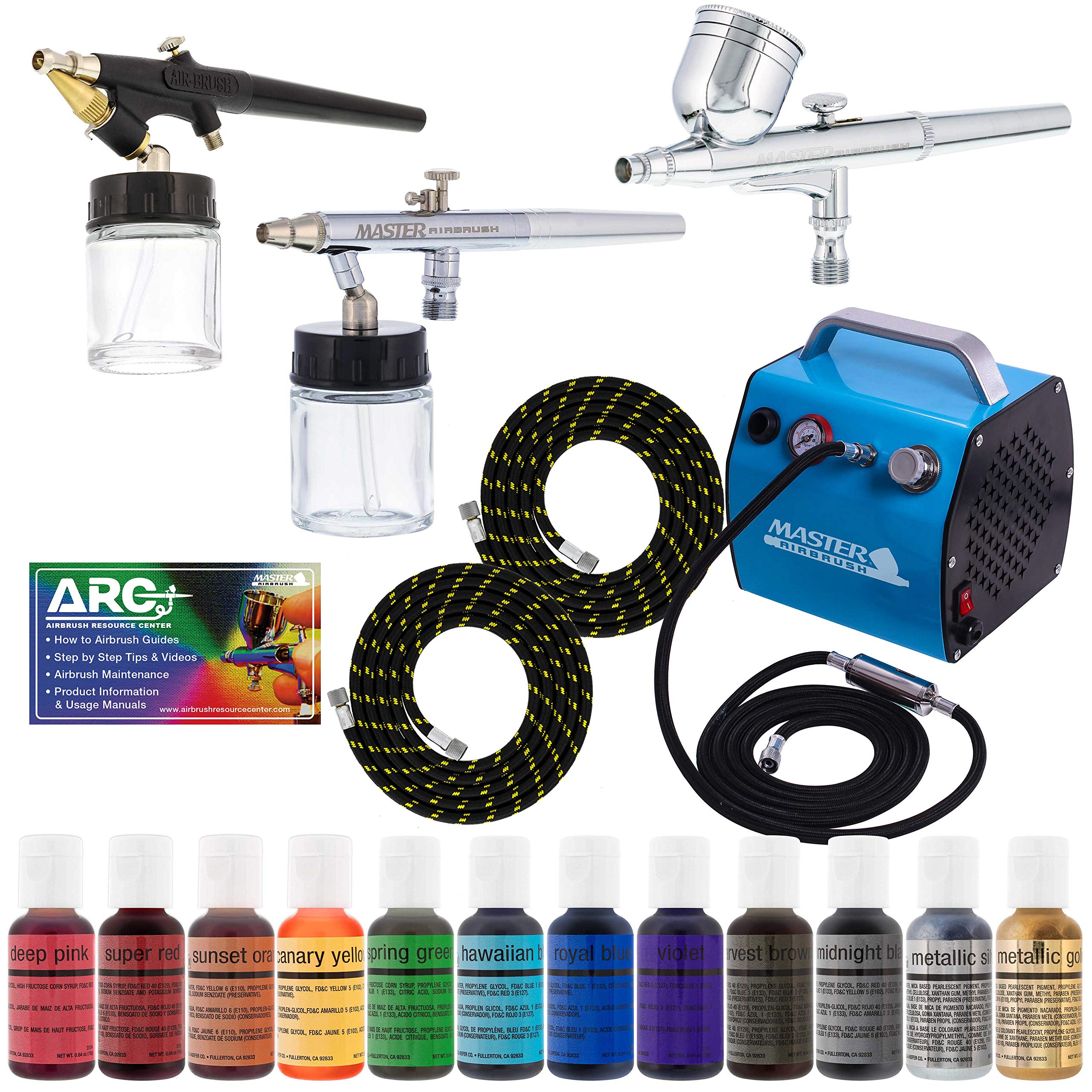 Professional Bakery Airbrush Cake Decorating Kit - 3 Airbrushes, Compressor, 2 Hoses & 12 Chefmaster Food Colors (0.7 fl oz) for Wedding Cakes, Birthday Cakes & Cupcake Decorations