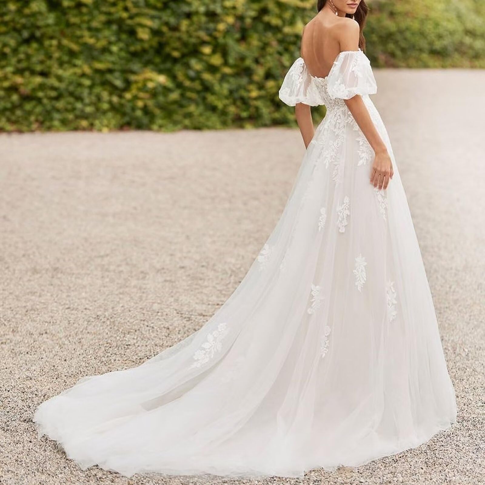Elegant Lace Wedding Dress with Short Puff Sleeves & Sweetheart Neckline - Tulle Bridal Gown for Women | Perfect for Beach Weddings, Garden Ceremonies & Romantic Vow Renewals