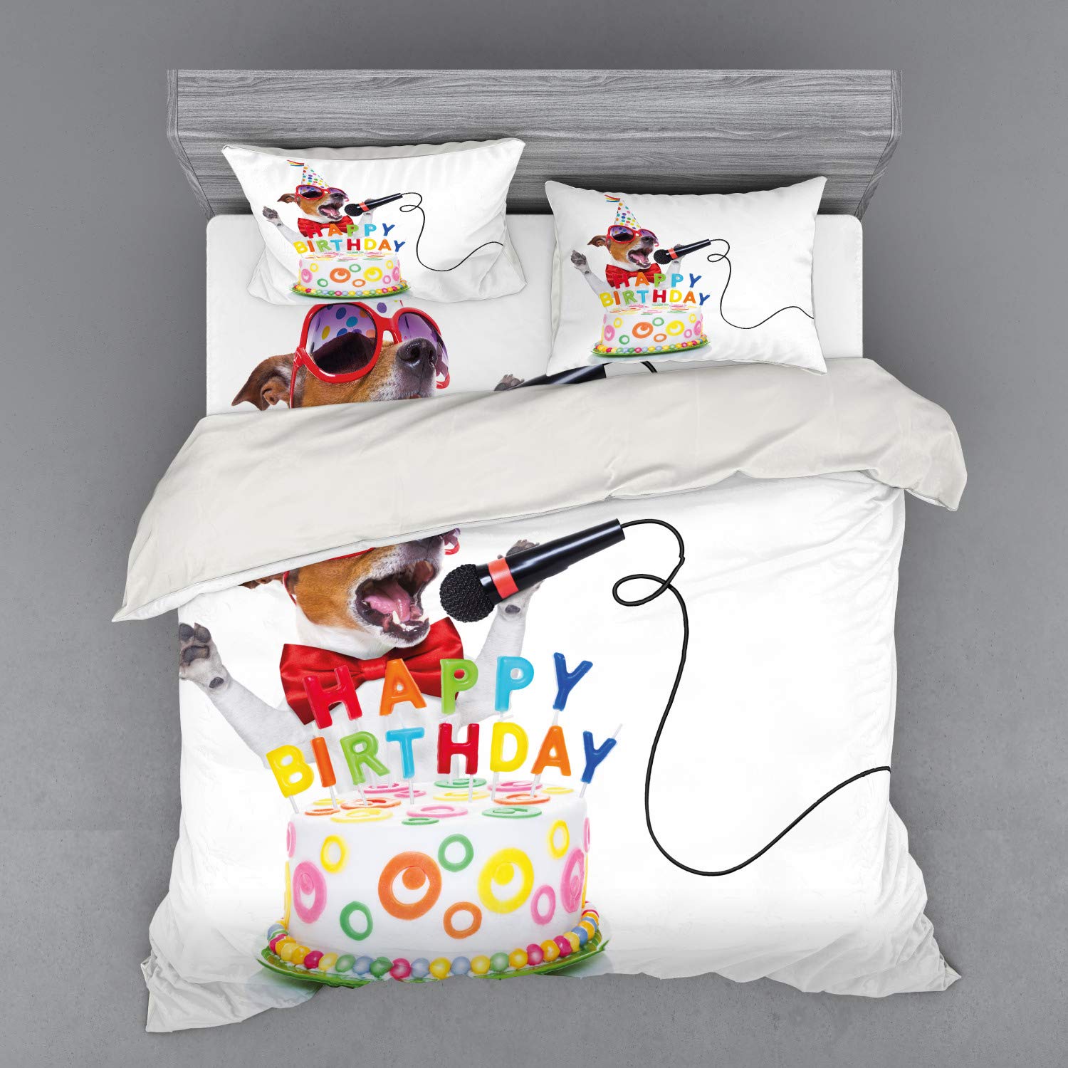 Ambesonne King Size 4-Piece Birthday Party Bedding Set - Musician Singer Dog with Glasses & Cake Print Duvet Cover, Shams & Fitted Sheet, Vibrant Multicolor | Perfect for Birthday Celebrations, Themed Bedrooms & Gift Giving