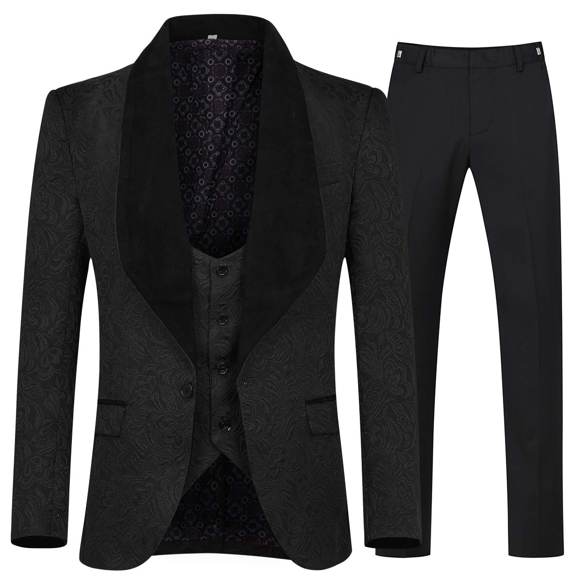 YFFUSHI Men's 3 Piece Slim Fit Jacquard Tuxedo Suit Set - One Button Shawl Collar Jacket, Vest & Dress Pants for Weddings, Prom & Formal Events | Premium Business & Evening Wear