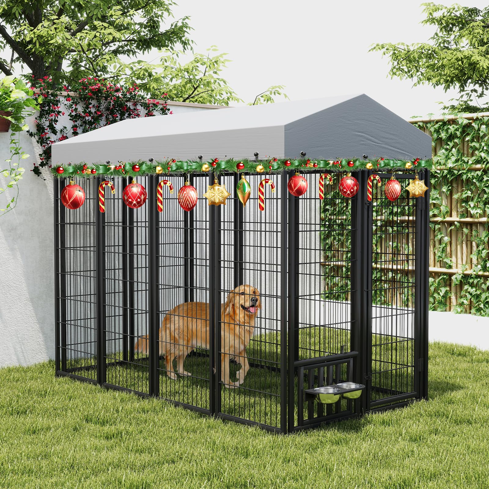 Rovibek Outdoor Dog Kennel with Waterproof & Sun-Resistant Roof - Large Covered Puppy Kennel for Yard with Feeding Bowls - Durable Outside Dog Enclosure for Backyard, Garden & Patio Use