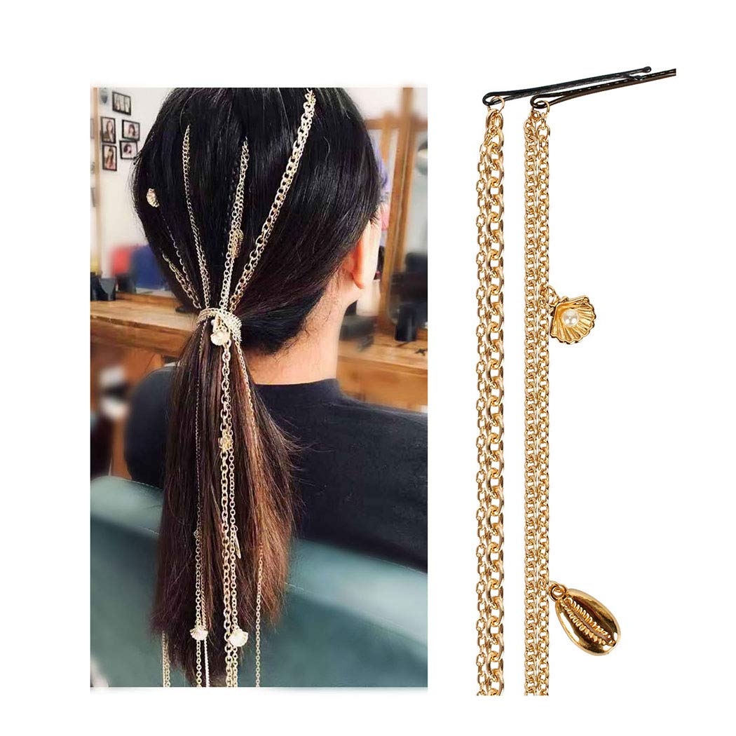 Gold Pearl Hair Extension Chain with Punk Shell Headpiece - Boho Tassel Conch Hair Accessories for Women & Girls (Pack of 4) | Perfect for Music Festivals, Beach Parties & Boho Weddings