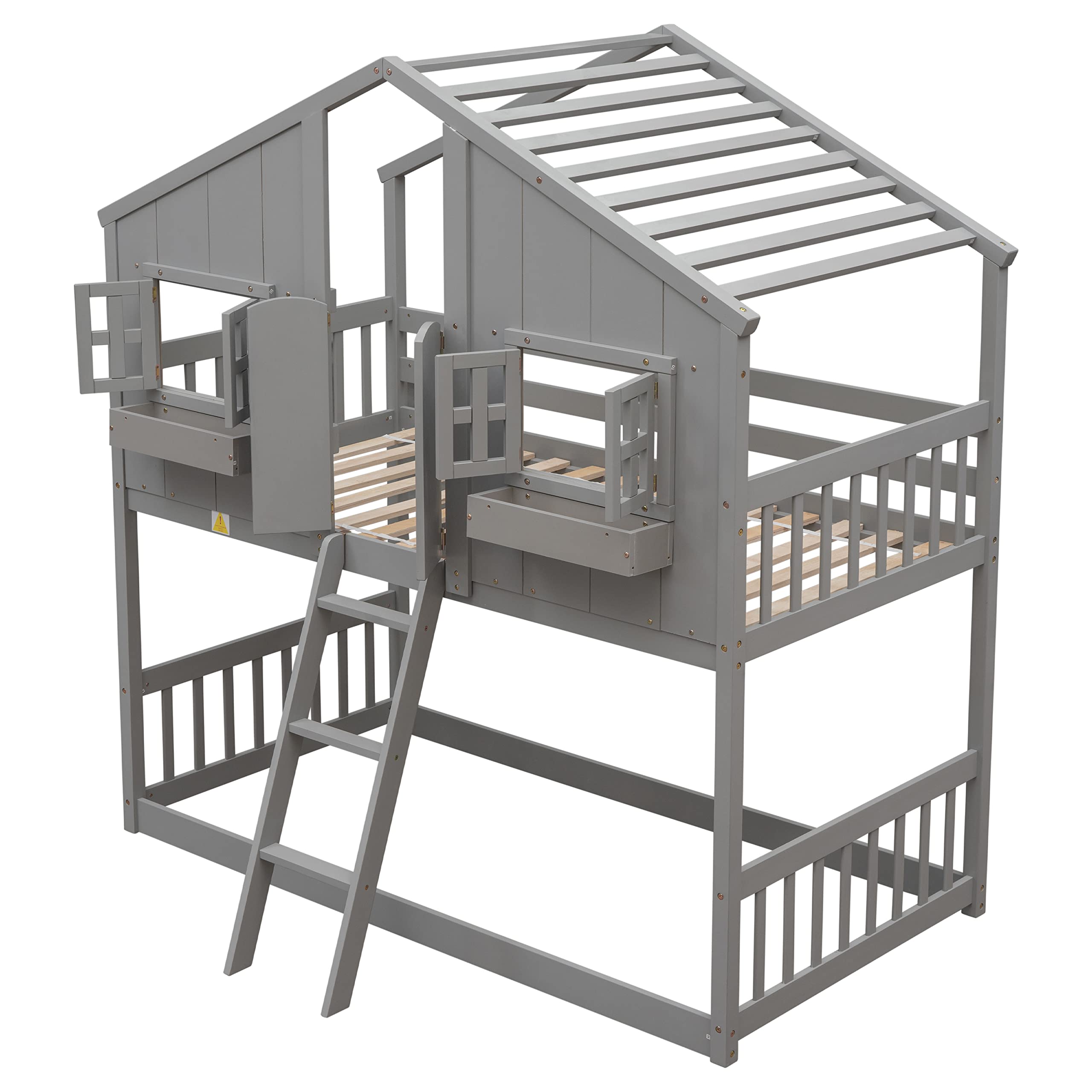 MERITLINE Twin Over Twin Wooden House Bunk Bed with Roof, Window, Window Box & Door - Grey Kids Bunk Bed for Boys, Girls & Teens | Perfect for Small Bedrooms, Shared Kids Rooms & Space-Saving Sleep Solutions