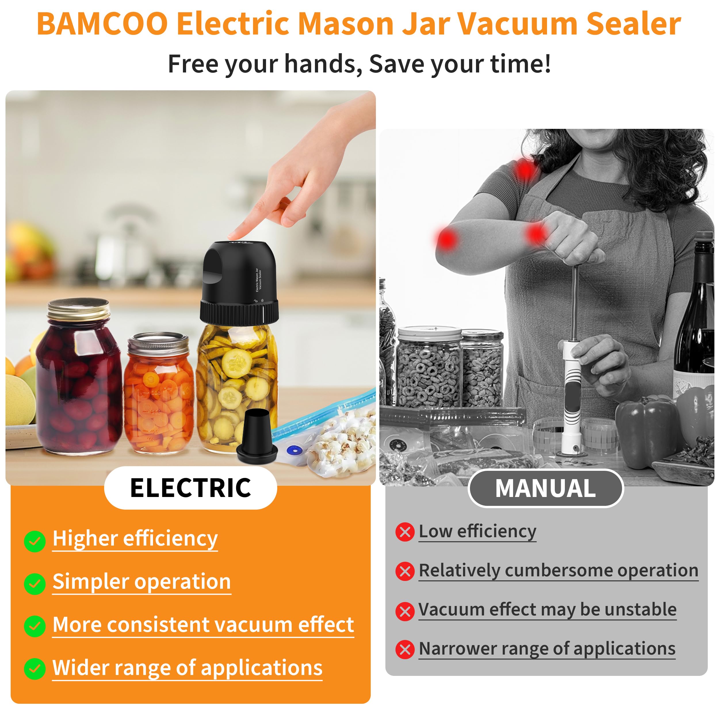 3-in-1 Mason Jar Vacuum Sealer Kit with Auto Stop - Electric Food Preservation System for Wide & Regular Mouth Jars, Sous Vide Bags - Compact Portable Vacuum Sealer for Food Storage (Black) - Perfect for Meal Prep, Canning, and Long-Term Food Preservation