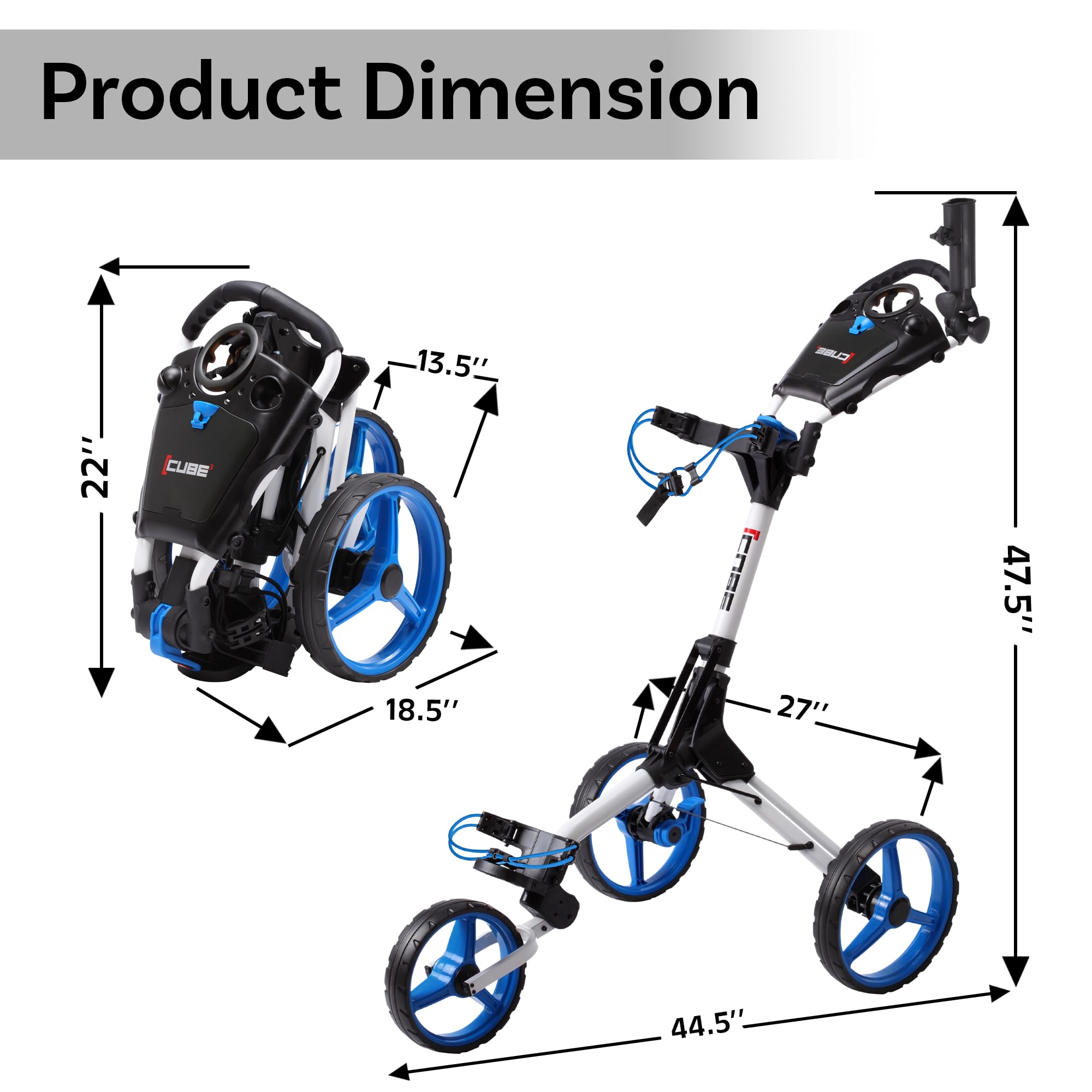 3 Wheel Push Pull Golf Cart - Compact Folding Lightweight Golf CART for Adults - Easy Two Step Open/Close Design - Choose Your Color - Perfect for Golf Courses, Parks & Outdoor Activities