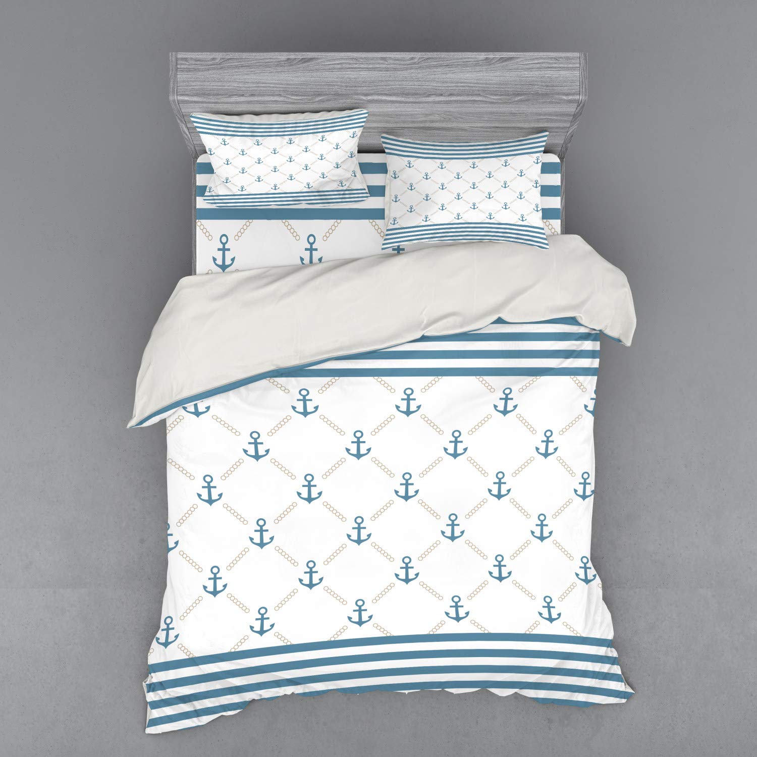 Ambesonne Anchor Duvet Cover Set - Blue Stripes & Abstract Chain Pattern 4-Piece Queen Bedding Set with Shams & Fitted Sheet in Slate Blue & White | Nautical Themed Bedroom Decor for Coastal Homes & Beach House Styling
