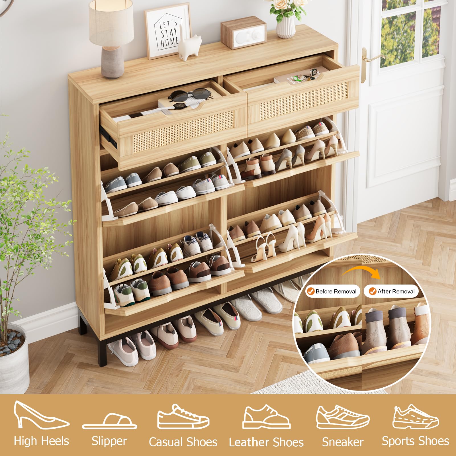 Rattan Shoe Storage Cabinet with 4 Flip Drawers - Narrow Wooden Shoe Organizer for Entryway, Hallway & Foyer - Free Standing Hidden Shoe Cabinet for Small Spaces - Perfect for Apartments, Dorm Rooms & Closets