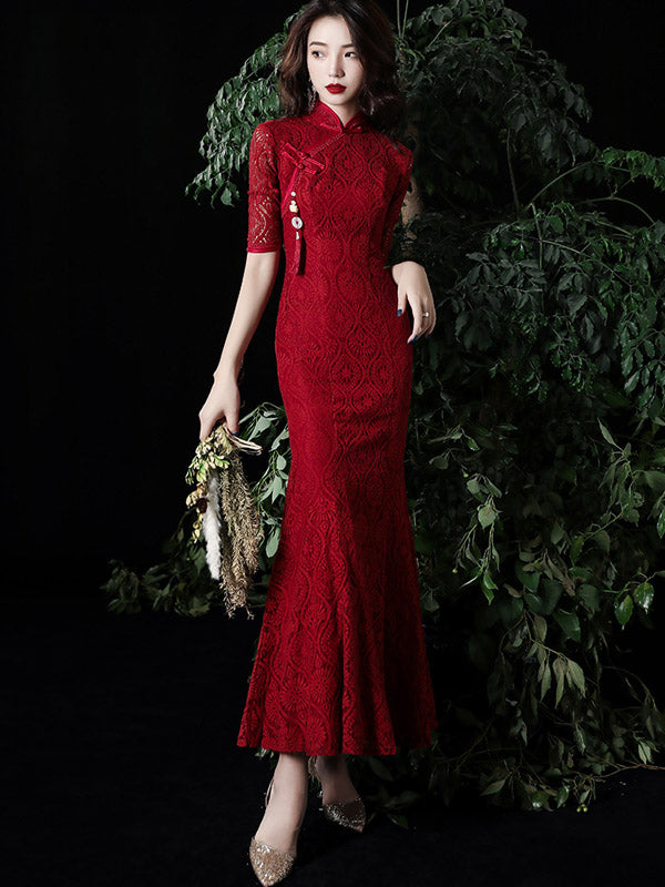 Elegant Burgundy Lace Fishtail Qipao Wedding Cheongsam Dress - Vintage Chinese Style Bridal Gown for Wedding Ceremony, Photoshoot & Special Occasions