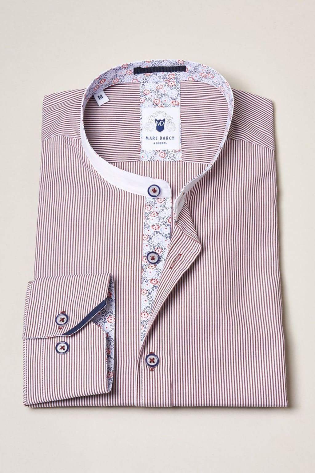 Marc Darcy Cooper Grandad Collar Wine Stripe Shirt for Men - Vintage Style Button Down Casual Shirt - Perfect for Date Night, Office Wear & Weekend Outings