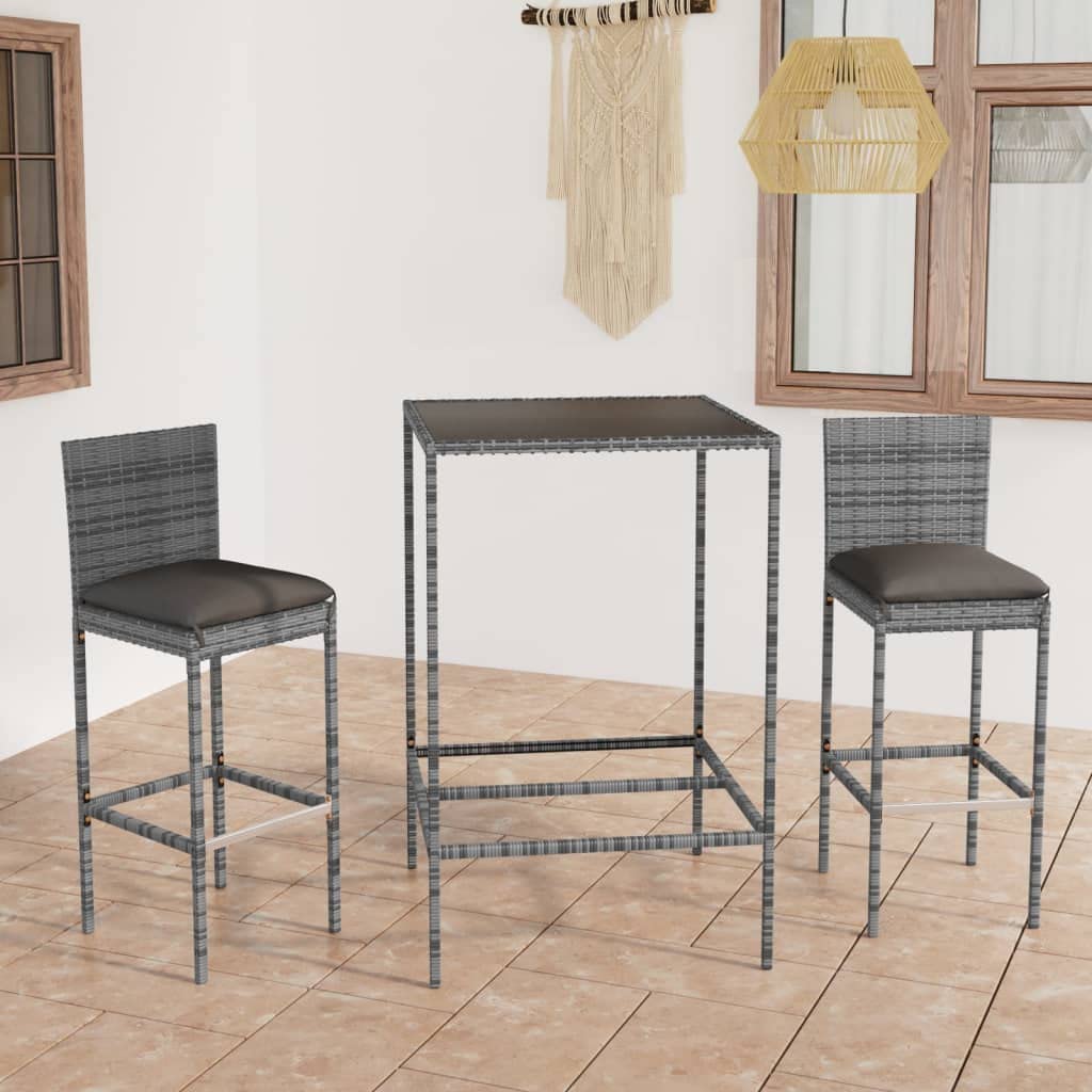 3-Piece Gray Poly Rattan Patio Bar Set with Cushions - Outdoor Dining Furniture for Backyard, Porch, Garden & Poolside | Perfect for Entertaining Guests or Relaxing Outdoors