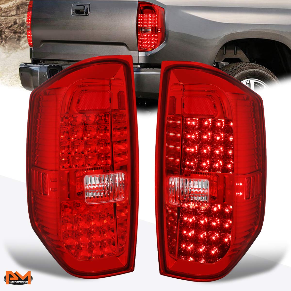 PM PERFORMOTOR Full LED Tail Lights Brake Lamps Assembly for 2014-2018 Toyota Tundra - Chrome Housing with Red Lens - Enhanced Visibility & Style for Night Driving & Custom Builds