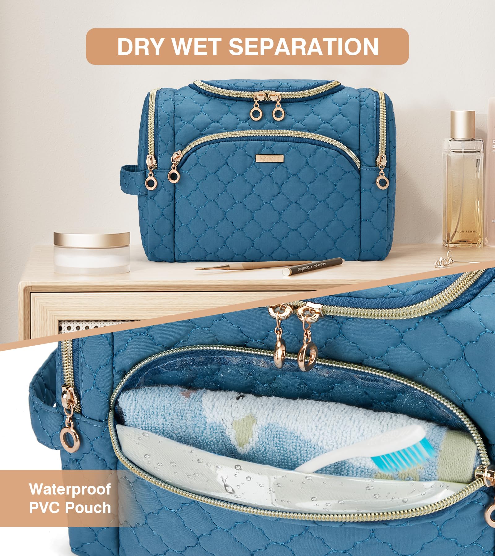 Marvolia Quilted Travel Toiletry Bag for Women - Waterproof Makeup Organizer with Multiple Pockets for Cosmetics & Toiletries (Medium, Haze Blue) - Perfect for Vacation, Business Trips & Gym Essentials