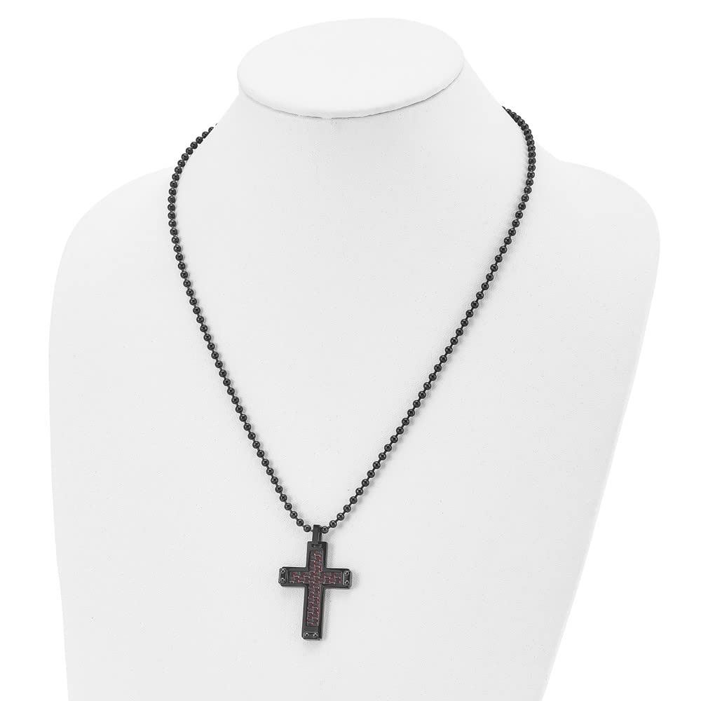 Black Plated Stainless Steel Cross Necklace with Carbon Fiber Accent - 22 Inch Chain, Blk/Red | Perfect for Gifts, Religious Jewelry & Everyday Wear