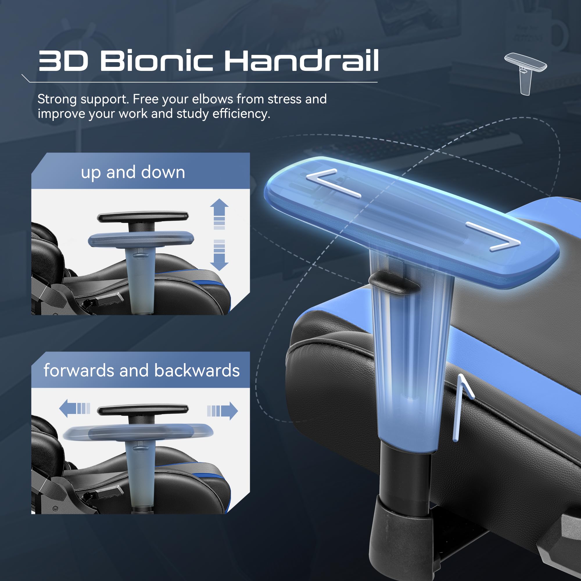 OneGame Ergonomic Gaming Chair for Adults - Big and Tall Computer Office Chair with Adjustable Height, Reclining Backrest, Headrest & Lumbar Support - Black & Blue - Perfect for PC Gaming, Esports, and Home Office Workstations