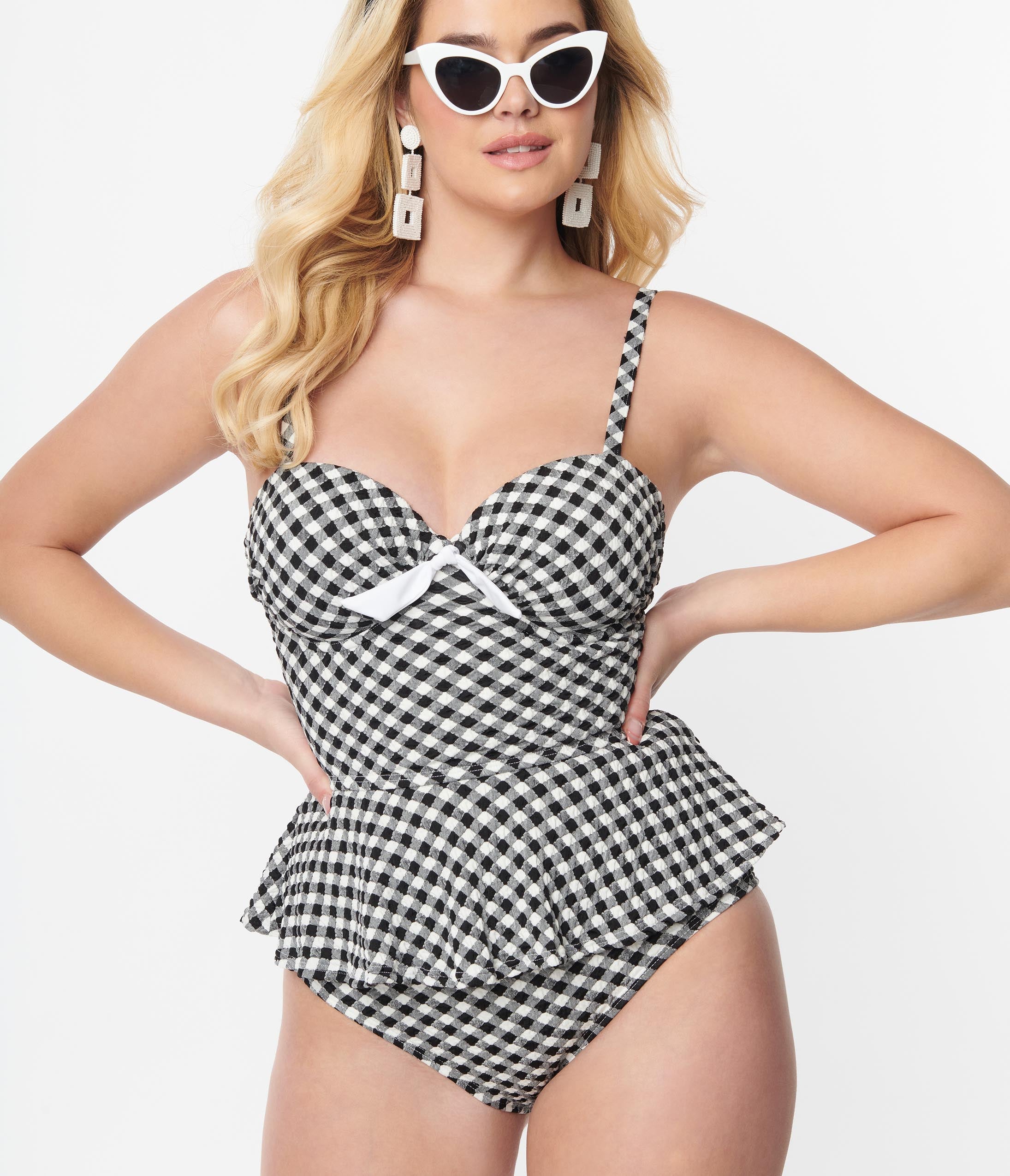 Vintage Black & White Gingham Daphne Swim Bottoms - High Waisted Retro Bikini Bottom for Women | Perfect for Beach Vacations, Pool Parties & Summer Getaways