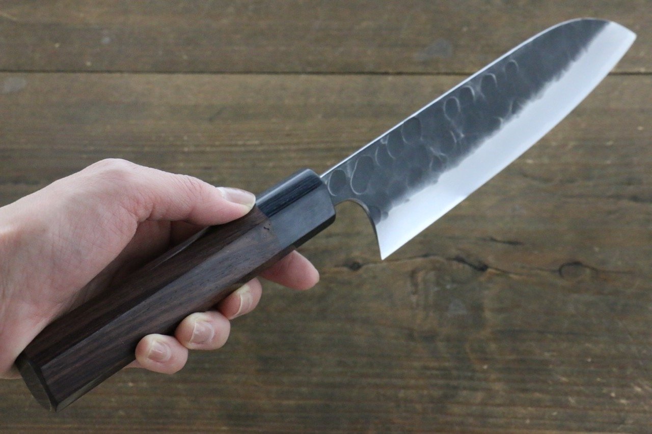 Premium Seisuke Blue Steel No.2 Hammered Kurouchi Santoku Knife 165mm with Shitan Handle - Japanese Kitchen Knife for Professional Chefs & Home Cooking, Perfect for Slicing, Dicing & Chopping Vegetables, Meat & Fish