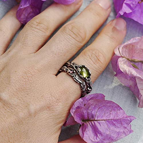 Set of 2 Vita + Band Engagement Rings - Custom Made Chrysolite & Tourmaline Wedding Ring Set, Twig Design Stackable Rings for Women | Perfect for Proposals, Anniversaries & Everyday Wear