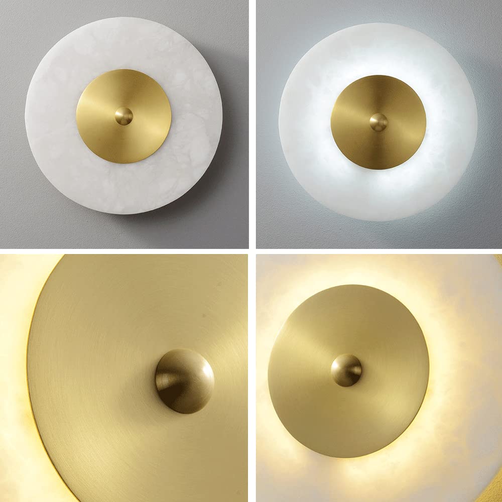 Modern Round Copper Wall Sconce with Marble Shade - LED Wall Mounted Light Fixture for Bedroom Headboard, Living Room, Hallway & Study - Dimmable Ambient Lighting for Home Decor