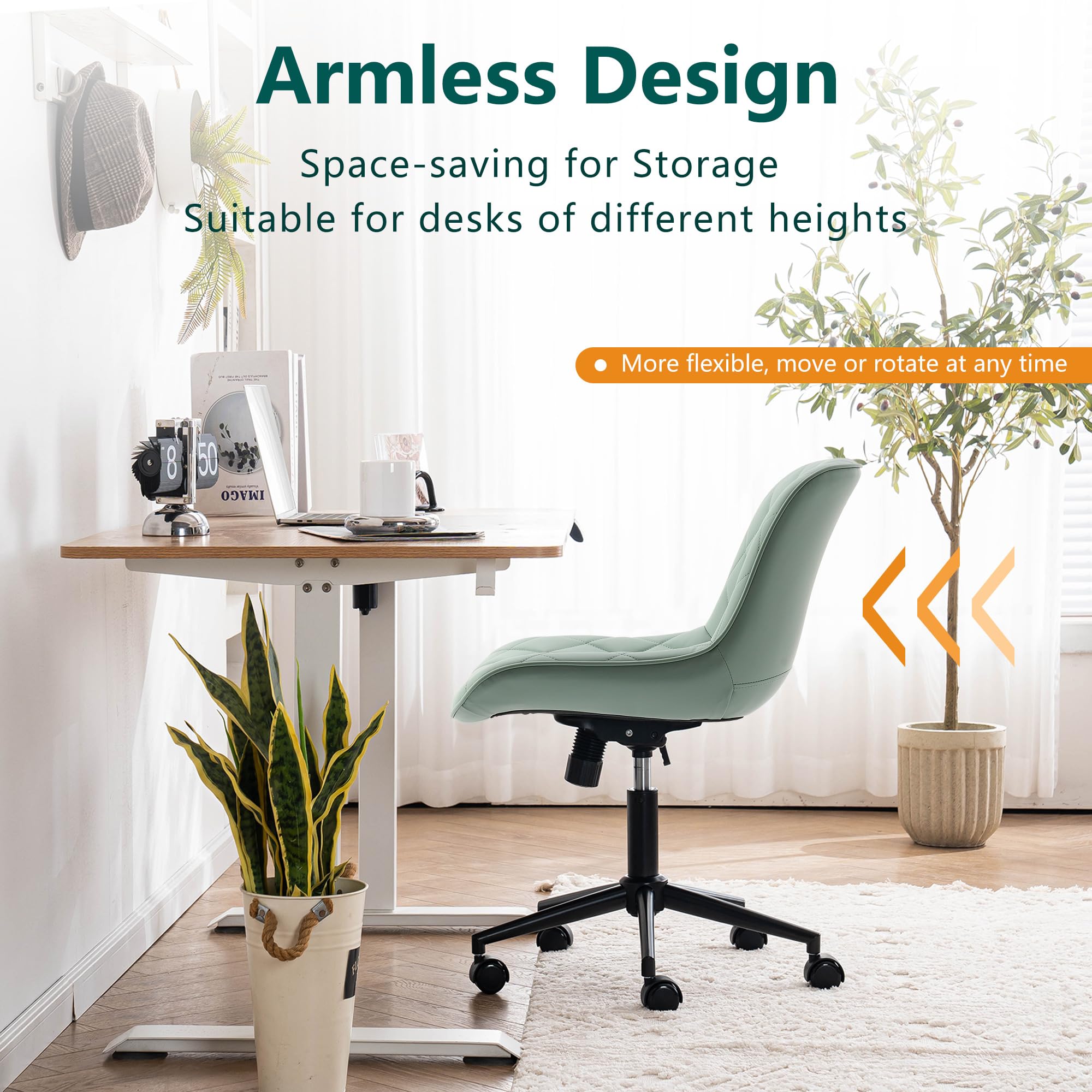 YOUNUOKE Armless Desk Chair - Comfy Home Office Computer Chair with Wheels, Rolling Swivel Task Chair, Modern Upholstered Executive Chair for Small Spaces (Mint Green) - Perfect for Home Office, Gaming, Study & Vanity Desks