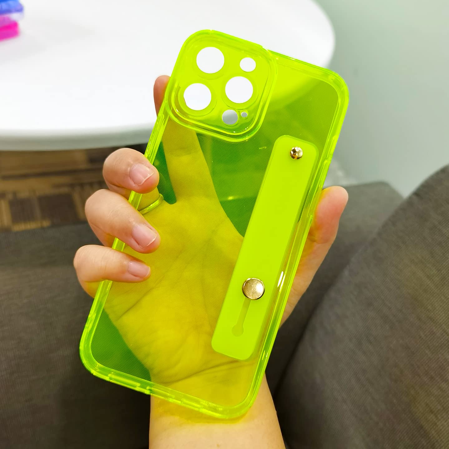 Omio Clear TPU Silicone Shockproof Case for iPhone 12 Pro Max - Slim Protective Cover with Wristband Grip & Stand, Fluorescent Neon Green Design - Perfect for Women & Girls (Ideal for Daily Use, Gym, Travel & Outdoor Activities)