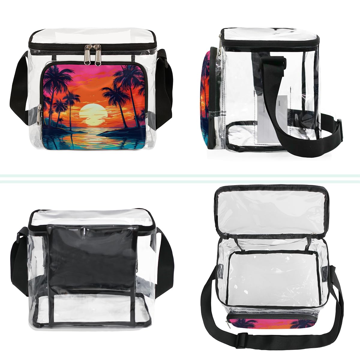 GzLeyigou Clear Transparent Beach Tote Bag with Handles - Waterproof Sunset Design with Coconut Palm Print - Perfect for Outdoor Travel, Picnic, Concerts & Sports Events - Stadium Approved Shoulder Bag for Women & Men