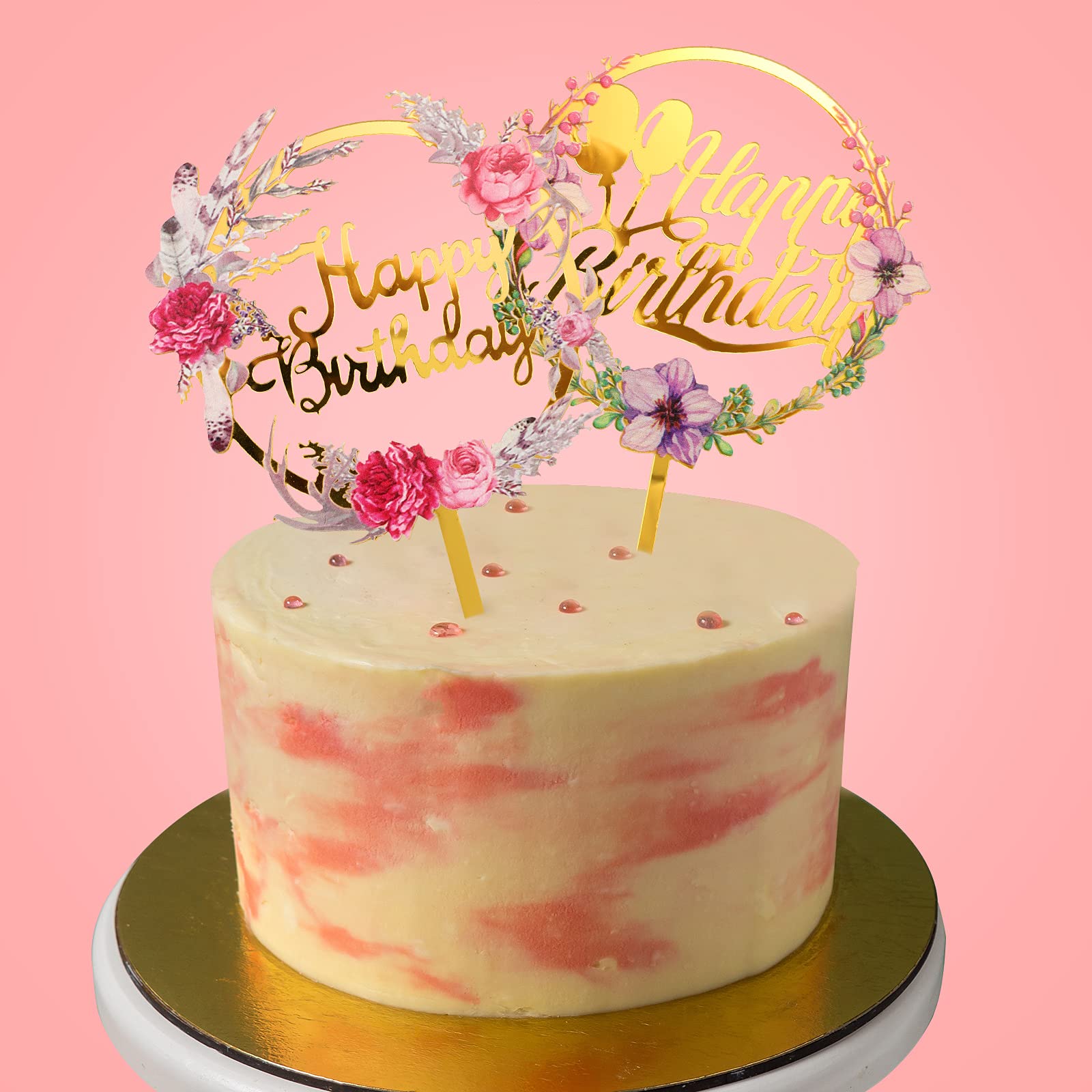 Jetec 6-Piece Gold Flower Acrylic Cake Toppers Set - Happy Birthday Cupcake Decorations for Parties, Anniversaries & Pastries | Perfect for Wedding, Baby Shower & Celebration Cakes