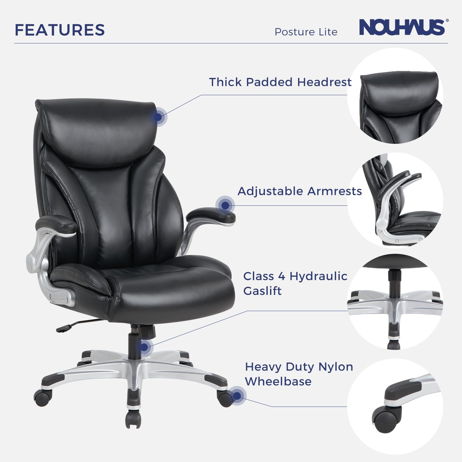 Nouhaus Big and Tall Office Chair with Lumbar Support - High Back Ergonomic Executive Desk Chair, Adjustable Flip-Up Armrests, PU Leather Computer Chair for Home & Office (Posture Lite, Black) - Perfect for Long Work Hours, Gaming, and Professional Workspaces