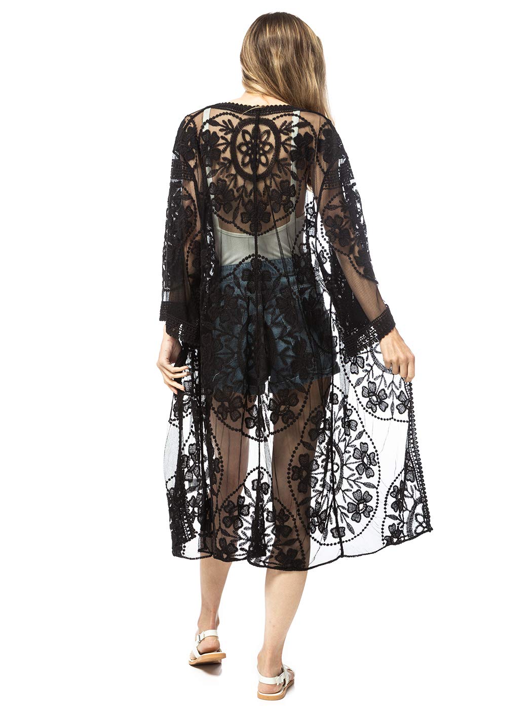 Anna-Kaci Women's Long Embroidered Lace Kimono Cardigan - Half Sleeve Cover Up for Beach, Wedding, and Summer Outfits