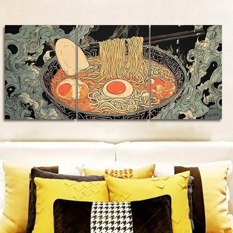 3-Piece Ramen Bowl Green Metal Wall Art - Ready to Hang Japanese Food Decor for Kitchen, Dining Room & Office