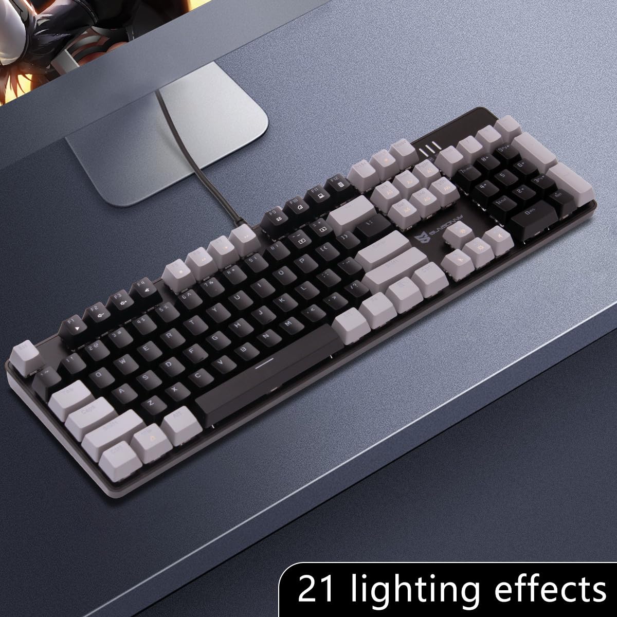 Qisan Mechanical Gaming Keyboard, Wired LED Backlit Keyboard with Gray & Black 104 Keys, US Layout, Detachable Switches - Perfect for PC Gaming, Office Work, and Typing Enthusiasts