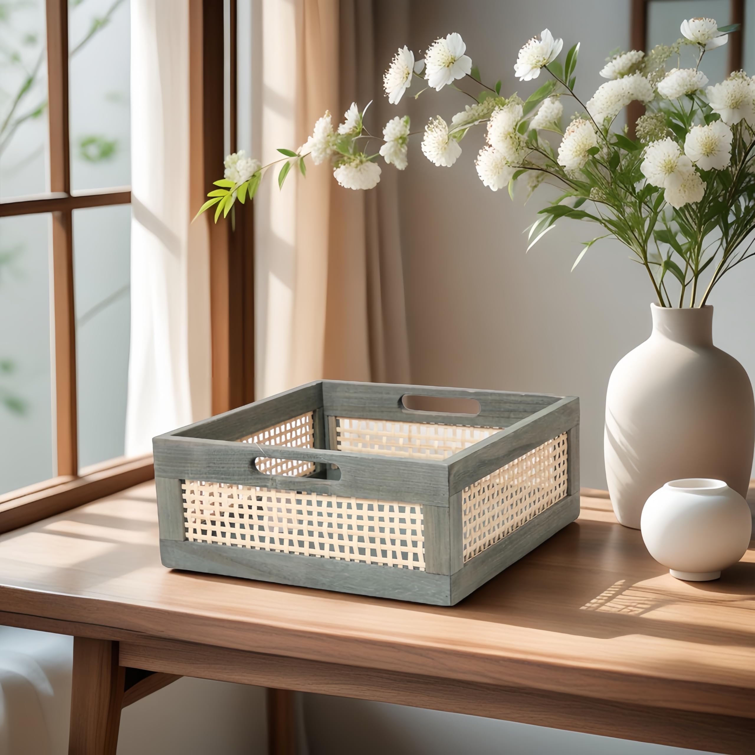 Grey Wooden Storage Baskets with Handles - Square Bamboo Organizer Bins for Shelves, Toys & Towels | Decorative Home Storage Solution for Bedroom, Bathroom & Living Room | Empty Gift Basket (Grey)