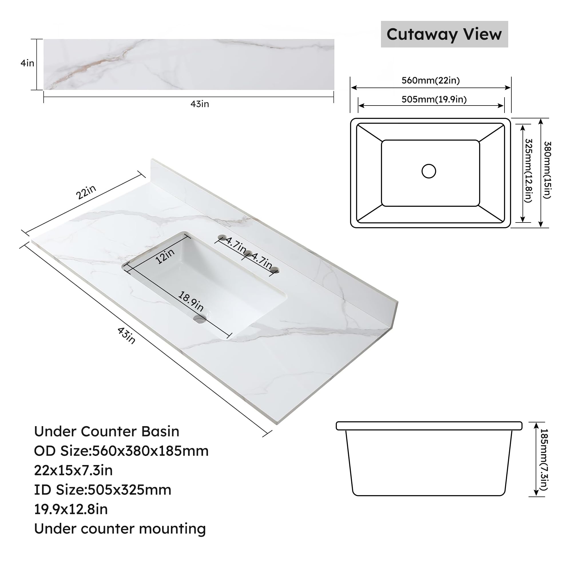 43 x 22 Inch Sintered Stone Bathroom Vanity Top with Ceramic Undermount Sink - Carrara Gold, 3 Hole Design with Backsplash for Modern Bathroom Renovation