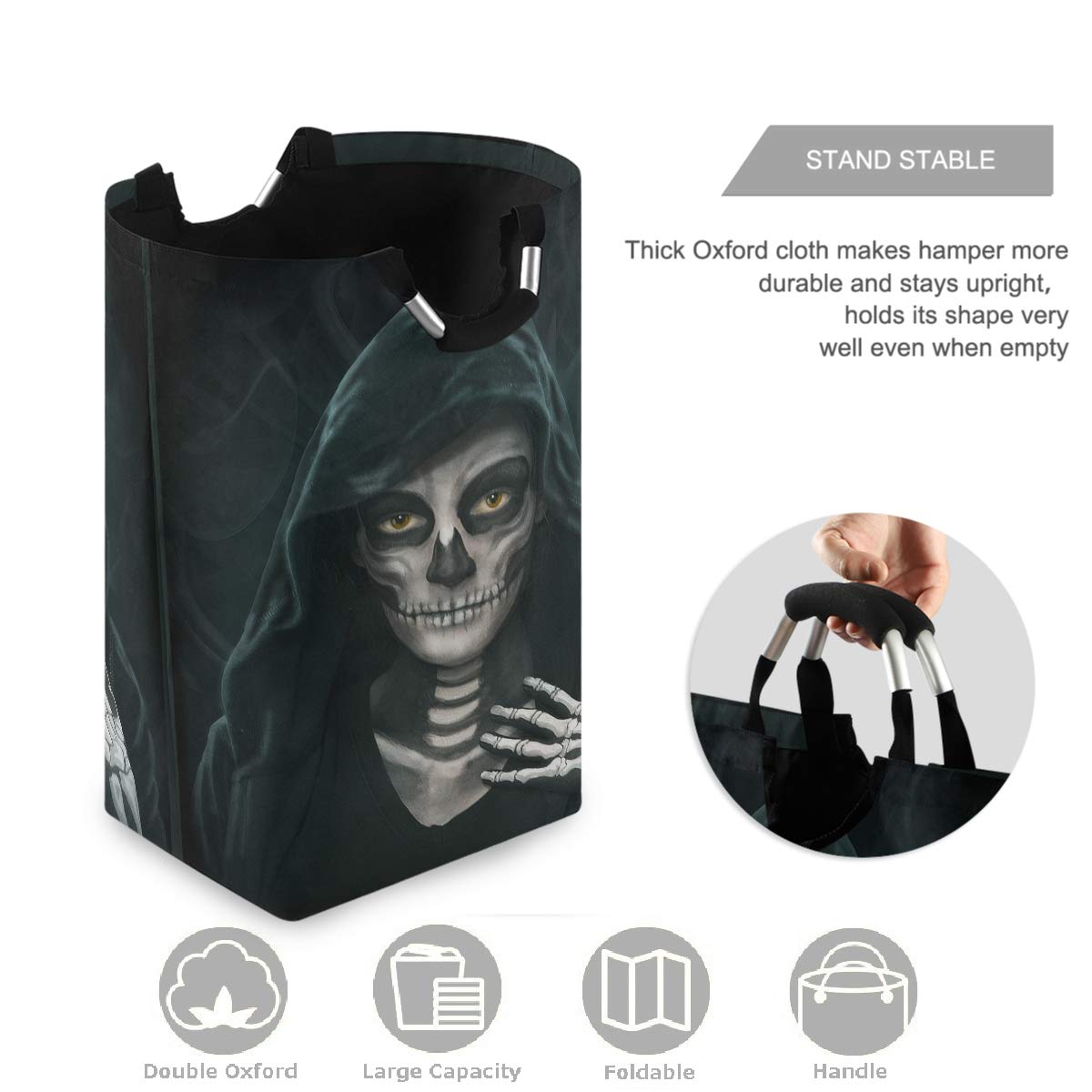 Visesunny Large Collapsible Laundry Hamper - Black Skull Witch Design, Foldable Oxford Fabric Laundry Basket with Handles, Waterproof Dirty Clothes Storage Bin for Washing Machine, Perfect for Dorm, Apartment & Travel Laundry Organization