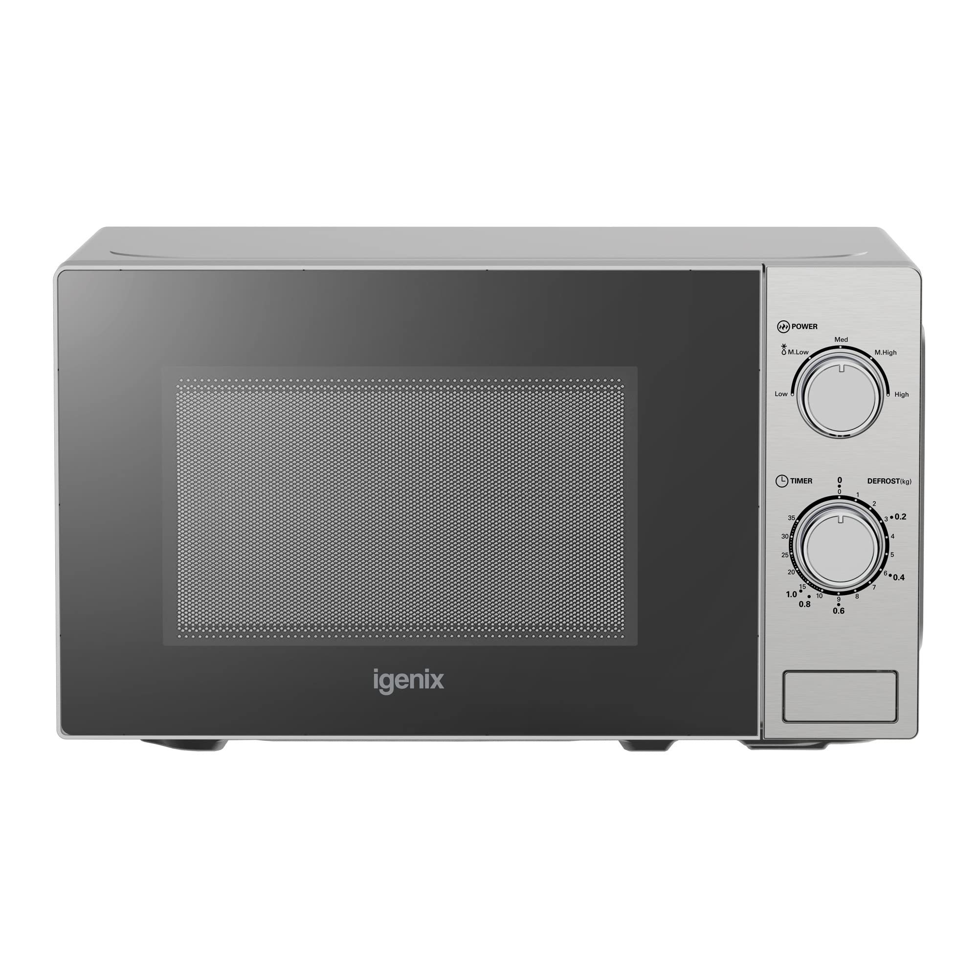 Igenix IGM0820SS 800W Solo Manual Microwave - 5 Power Levels, Defrost Function, 35-Min Timer, 20L Capacity, Stainless Steel - Perfect for Small Kitchens, Dorms & Office Break Rooms
