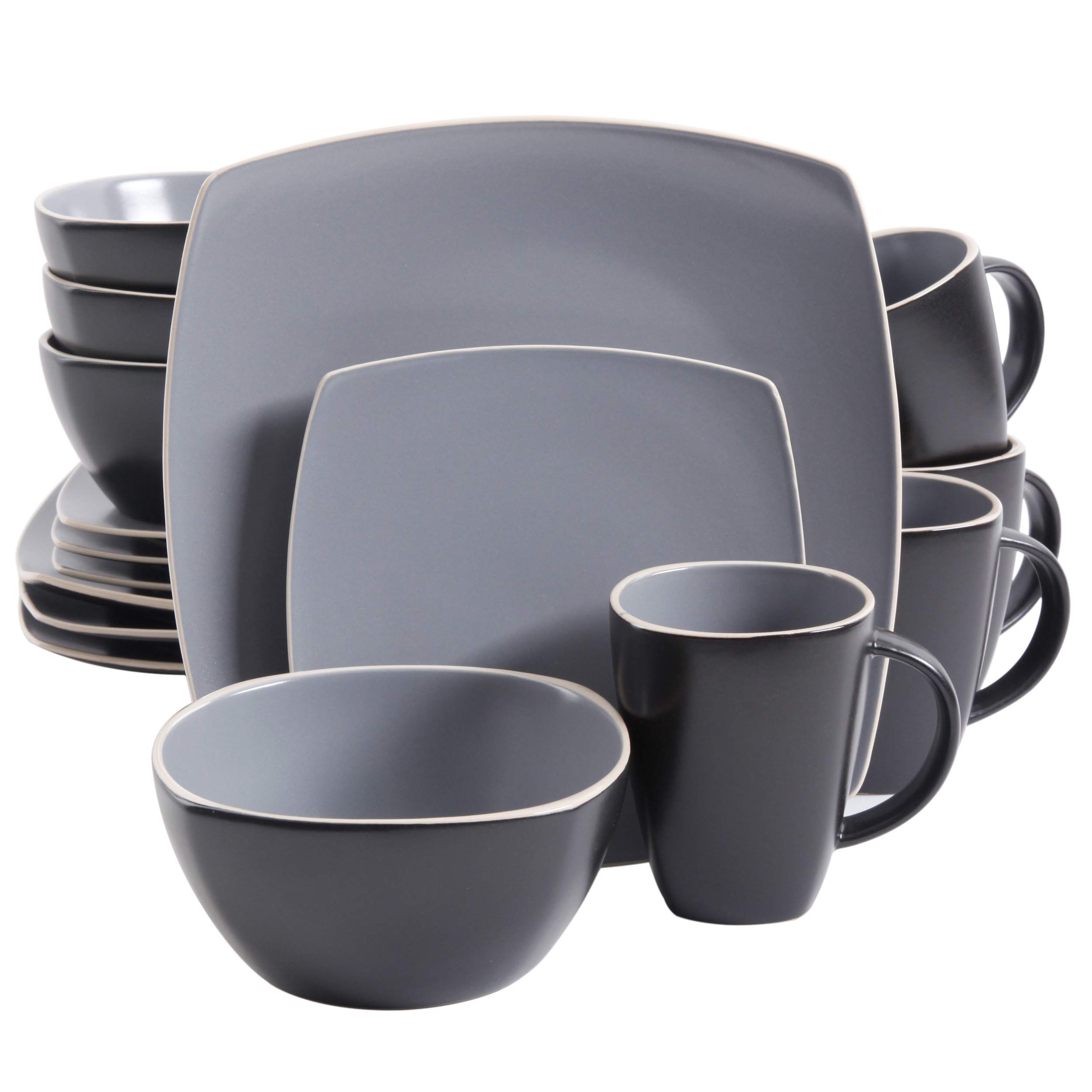 Premium Gibson Elite Soho Lounge 16-Piece Dinnerware Set for 4 - Matte Gray Stoneware Plates, Bowls & Mugs - Elegant Modern Tableware for Dining, Entertaining & Everyday Use