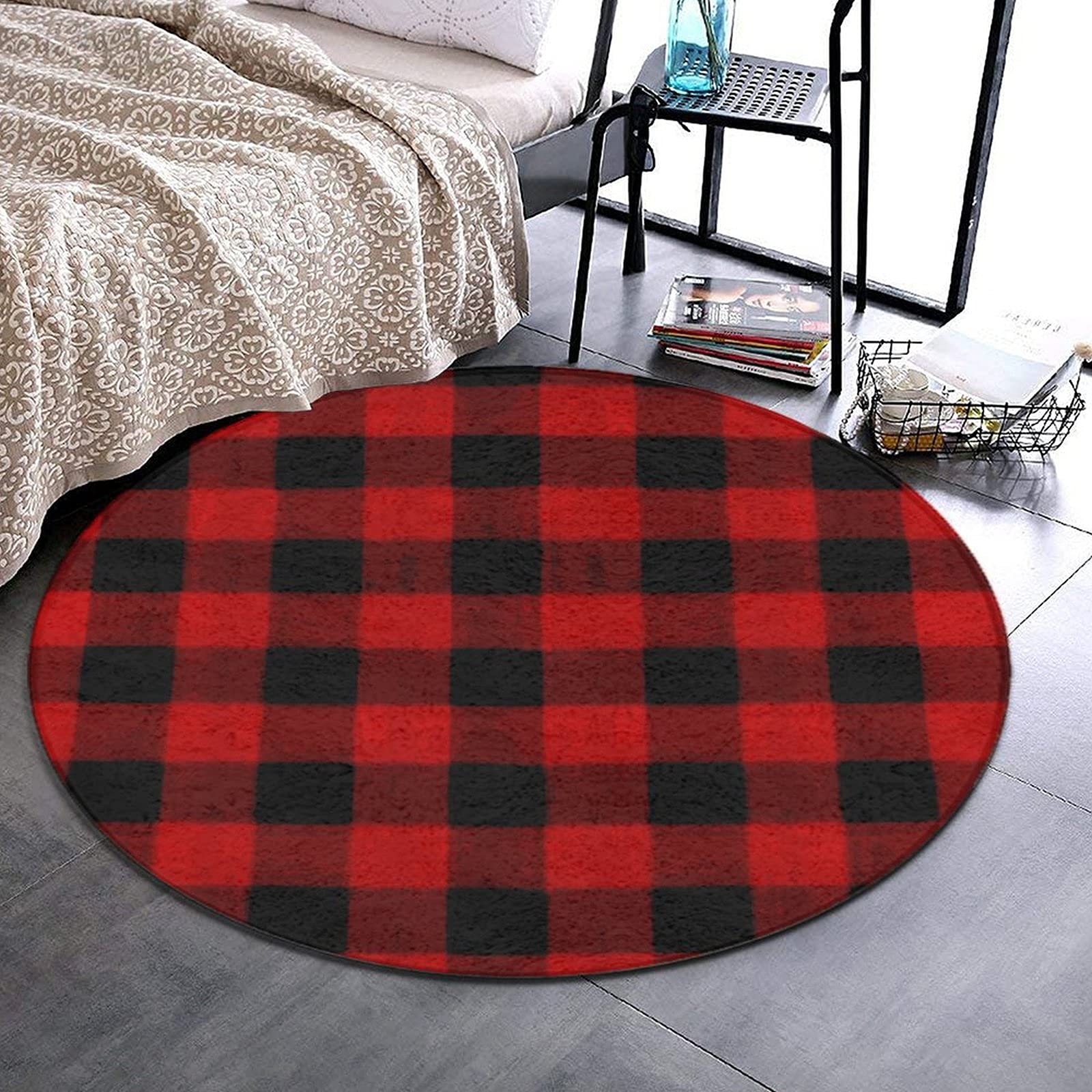 SWEET TANG Premium Non-Slip Round Area Rug - 36 Inch Buffalo Check Plaid Pattern in Red & Black - Modern Indoor Outdoor Carpet for Living Room, Bedroom, Laundry Room - Perfect for Home Decor, Cozy Spaces & High Traffic Areas