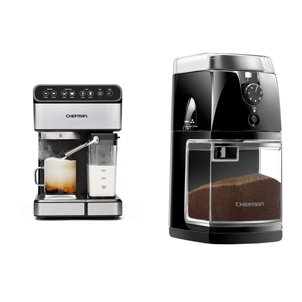 Chefman 6-in-1 Espresso Machine with Built-in Coffee Grinder - Stainless Steel Electric Burr Mill, 17 Grind Settings, 2.8oz Bean Capacity for 2-12 Cups (Black) | Perfect for Home Baristas & Coffee Lovers, Ideal for Espresso, Latte & Cappuccino Making