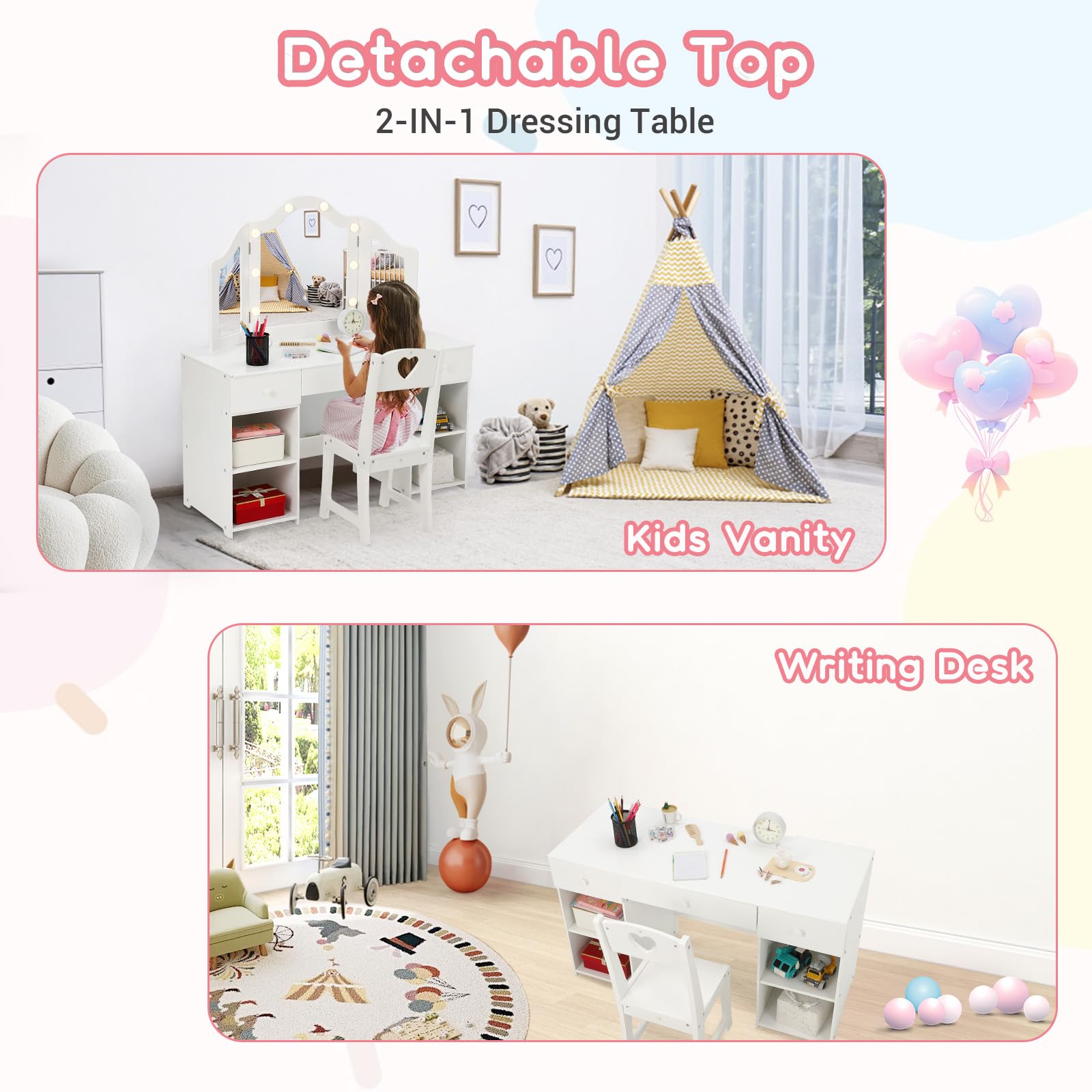 **Princess Makeup Vanity Set with Lights - Kids Vanity Desk with Storage, Touch Light & Detachable Mirror, 2-in-1 Wooden Vanity Table & Chair for Girls - Perfect for Bedroom, Playroom & Birthday Gifts**